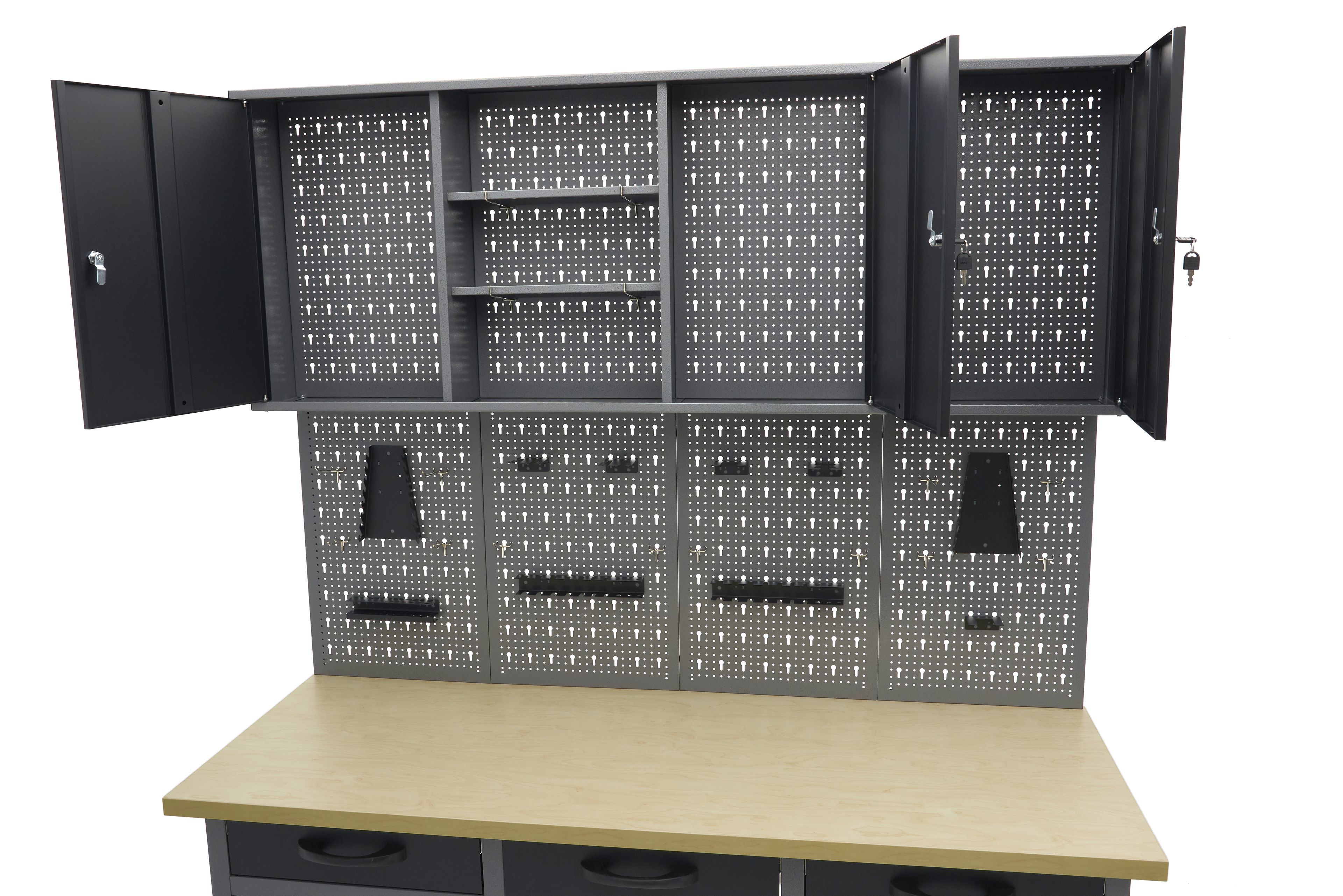 HBM werkbank 160 cm met 6 laden, kastenwand en achterwand, zwart, grijs Image 9