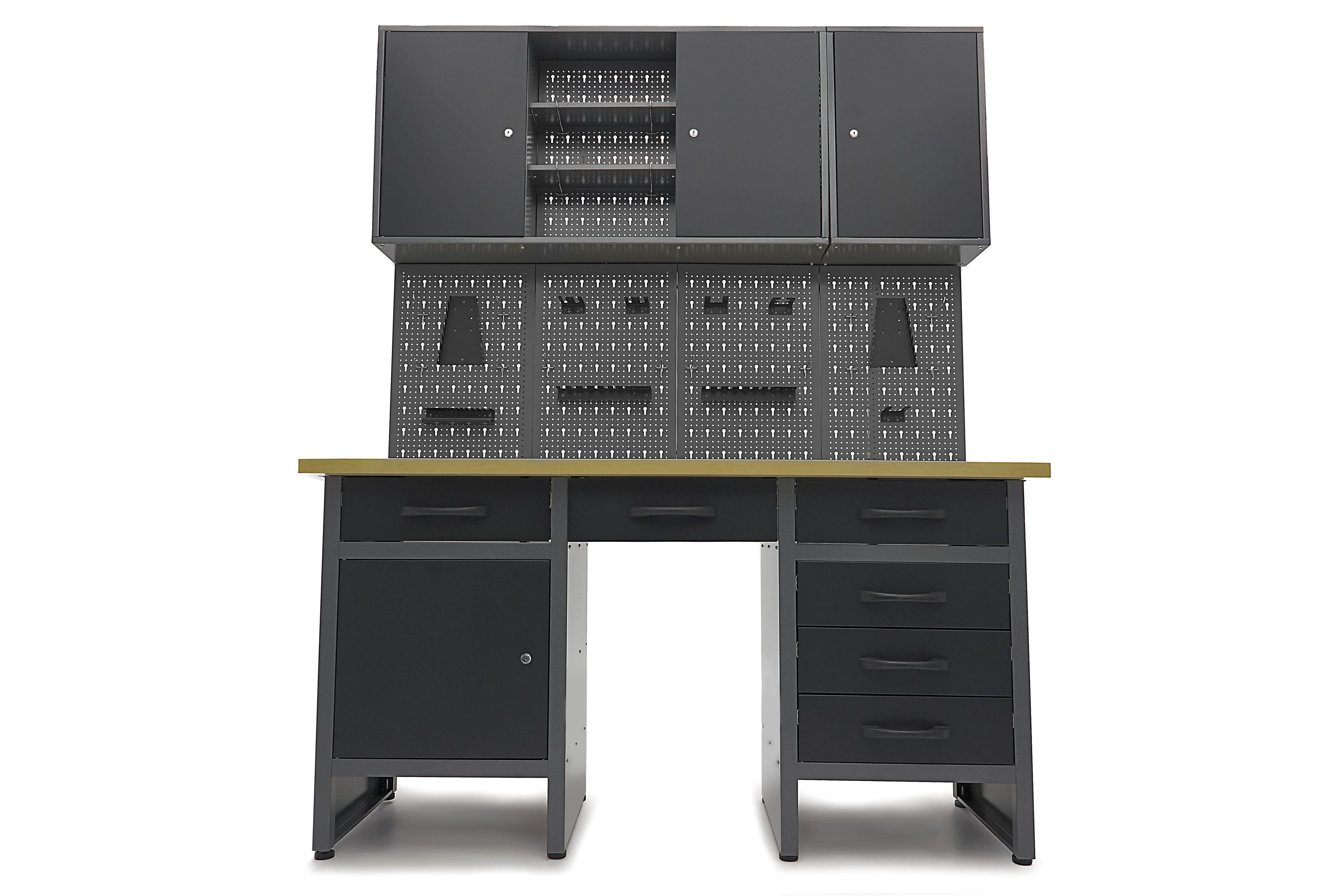 HBM werkbank 160 cm met 6 laden, kastenwand en achterwand, zwart, grijs Image 4