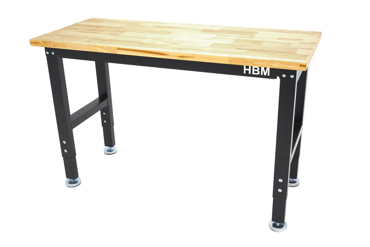 HBM banco de trabajo regulable en altura 122 cm, encimera de madera maciza, negro