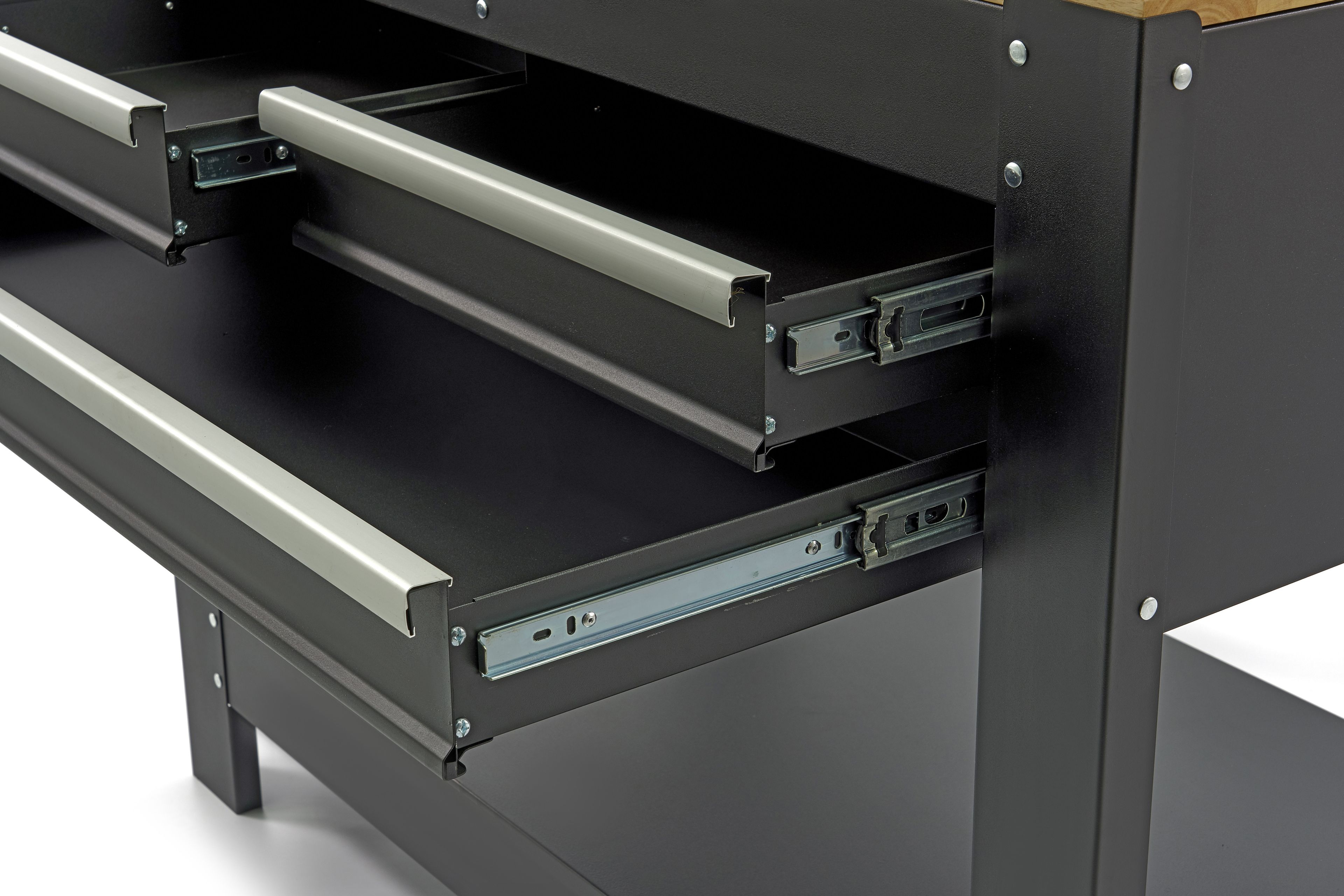 HBM werkbank 115 cm met 3 laden, houten werkblad en achterwand, zwart Image 7