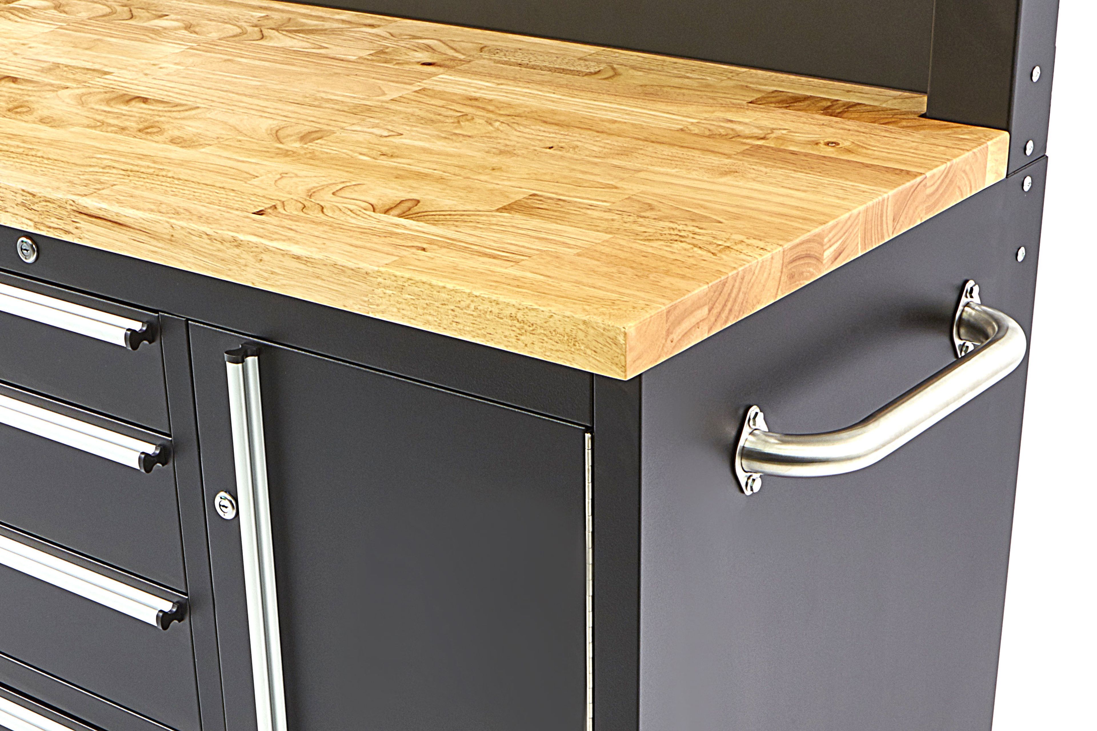 HBM werkbank 122 cm met 4 laden, kastenwand en achterwand, houten werkblad, zwart Image 9