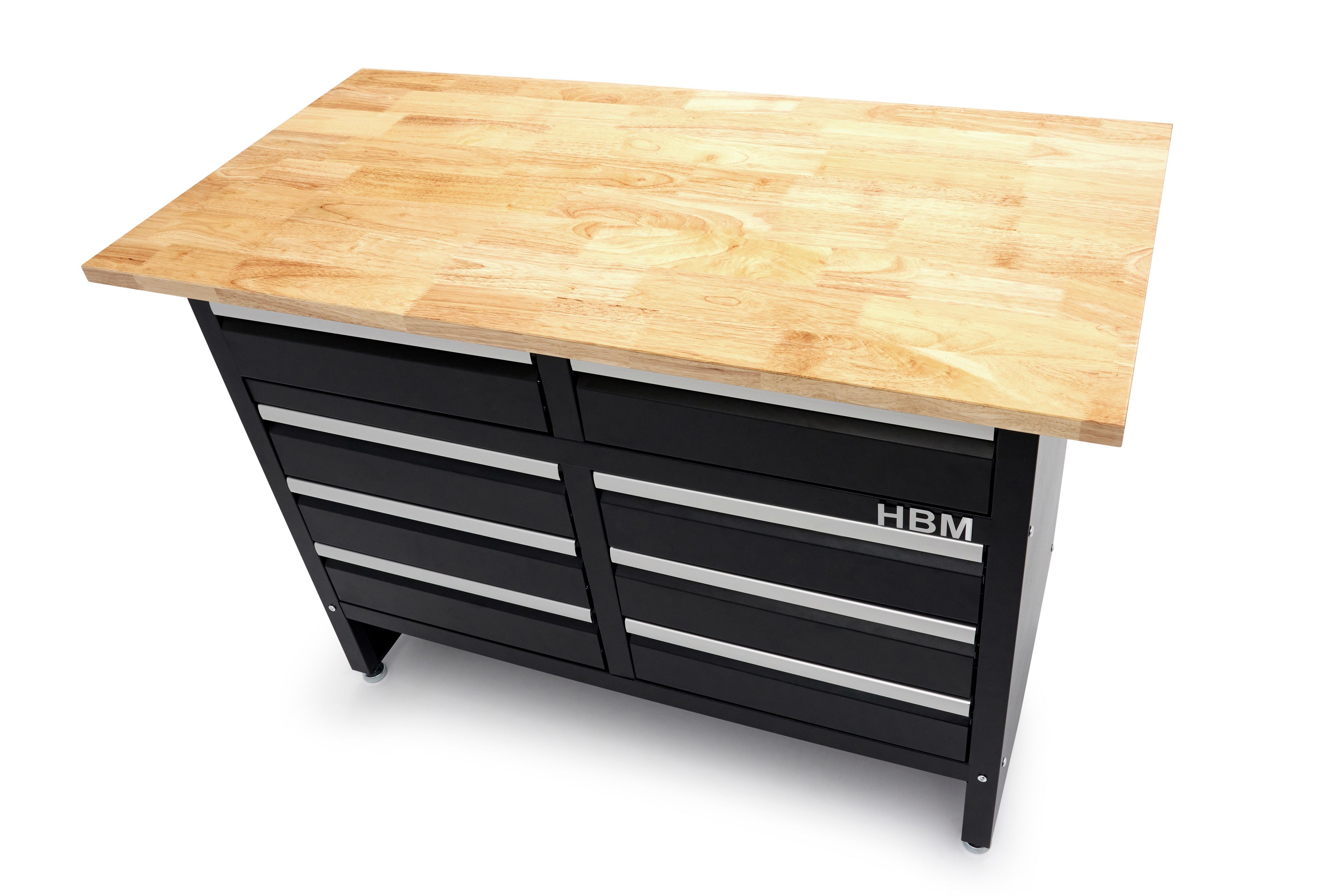 HBM werkbank 120 cm met 8 laden, massief houten werkblad, zwart Image 4
