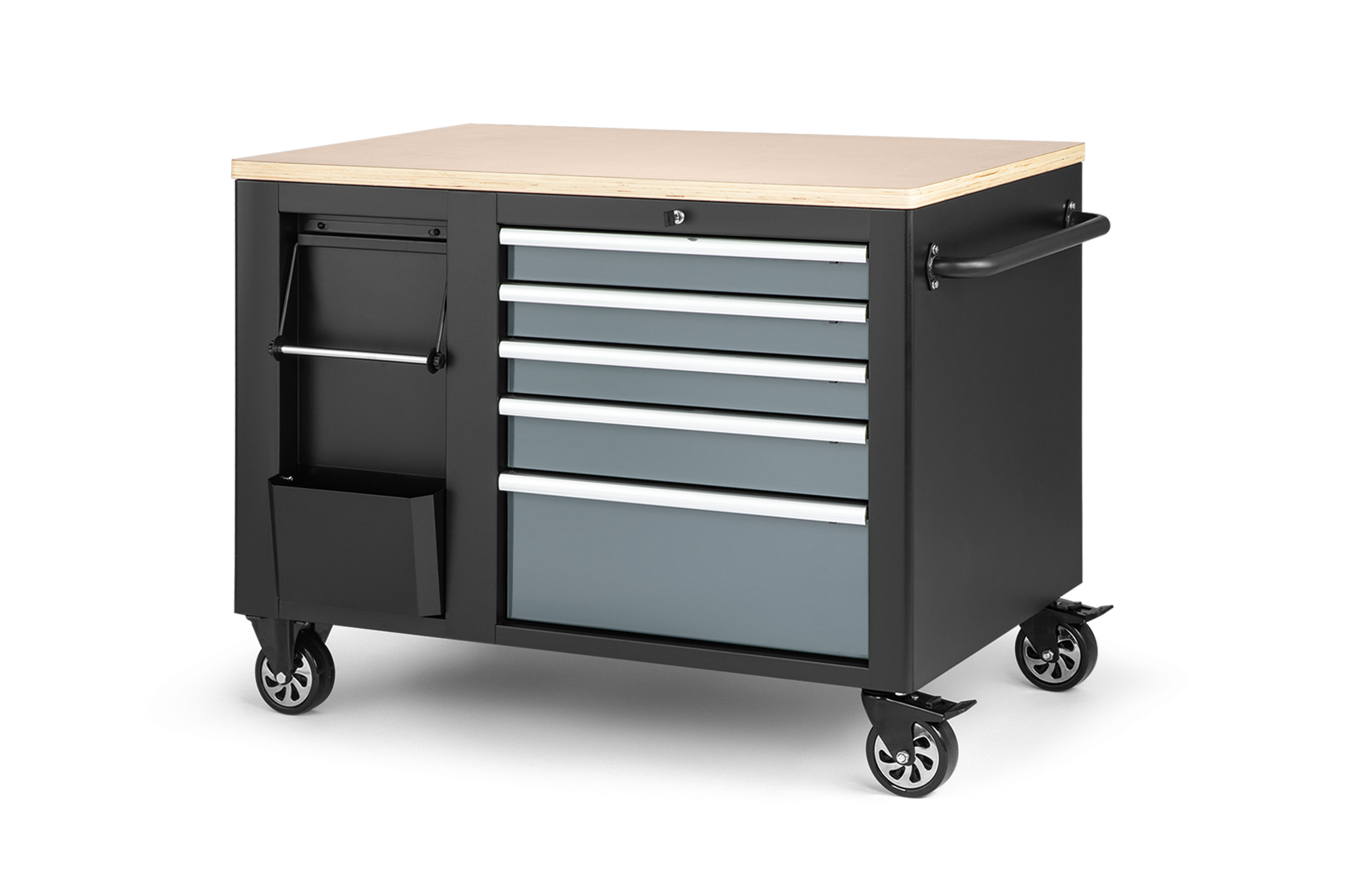 Chariot à outils mobile HBM avec établi de 114 cm et plan de travail en bois, noir/gris