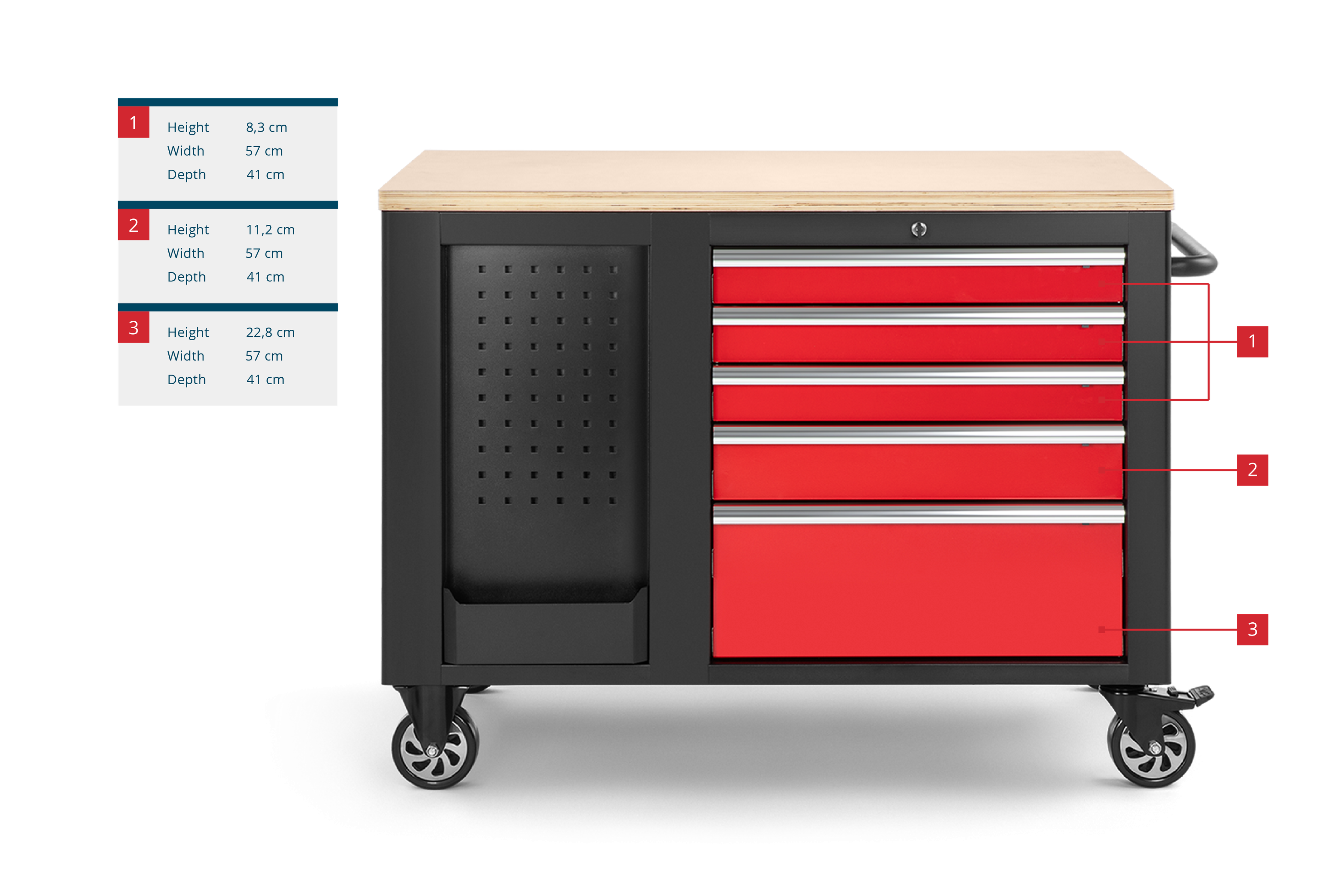 HBM fahrbare Werkbank mit Holzplatte und 10 Schubladen, rot-schwarz Image 9