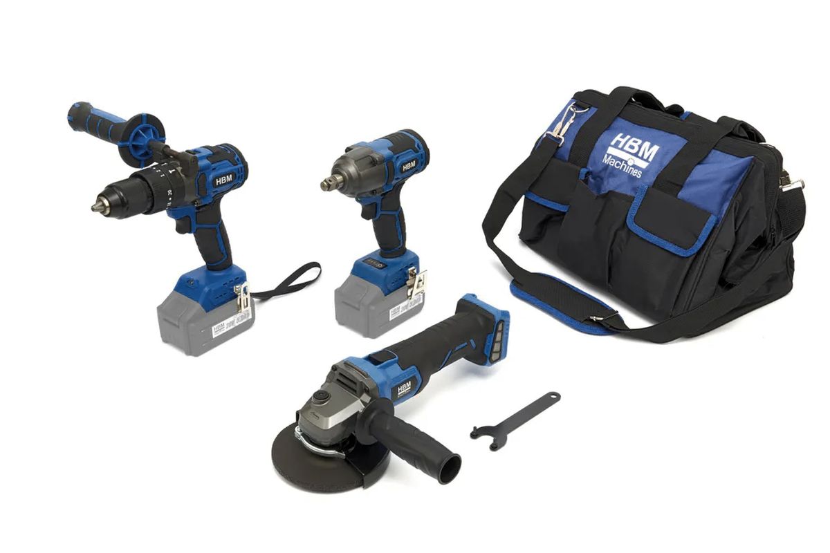 HBM Set combinado de batería, amoladora angular, llave de impacto, taladro 20 Voltios