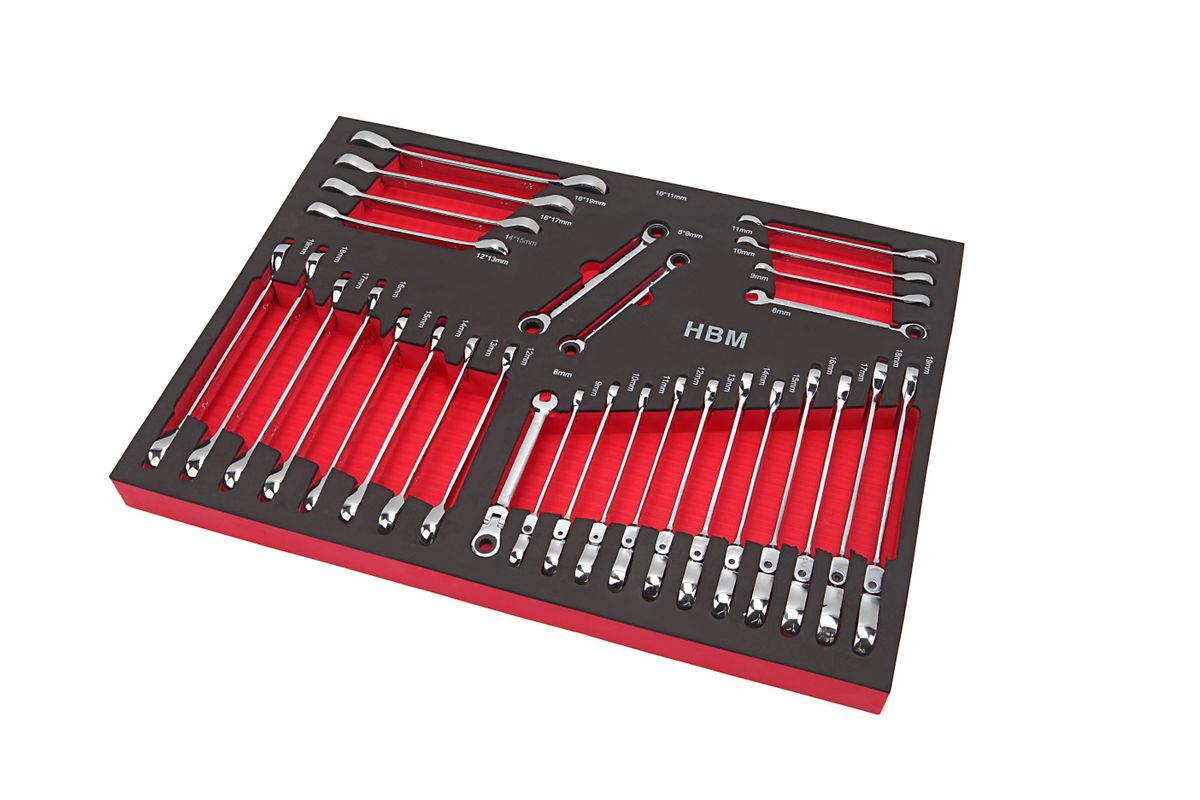 Inlay de espuma del conjunto de llaves de anillo/ratchet/llave de 30 piezas HBM Profesional