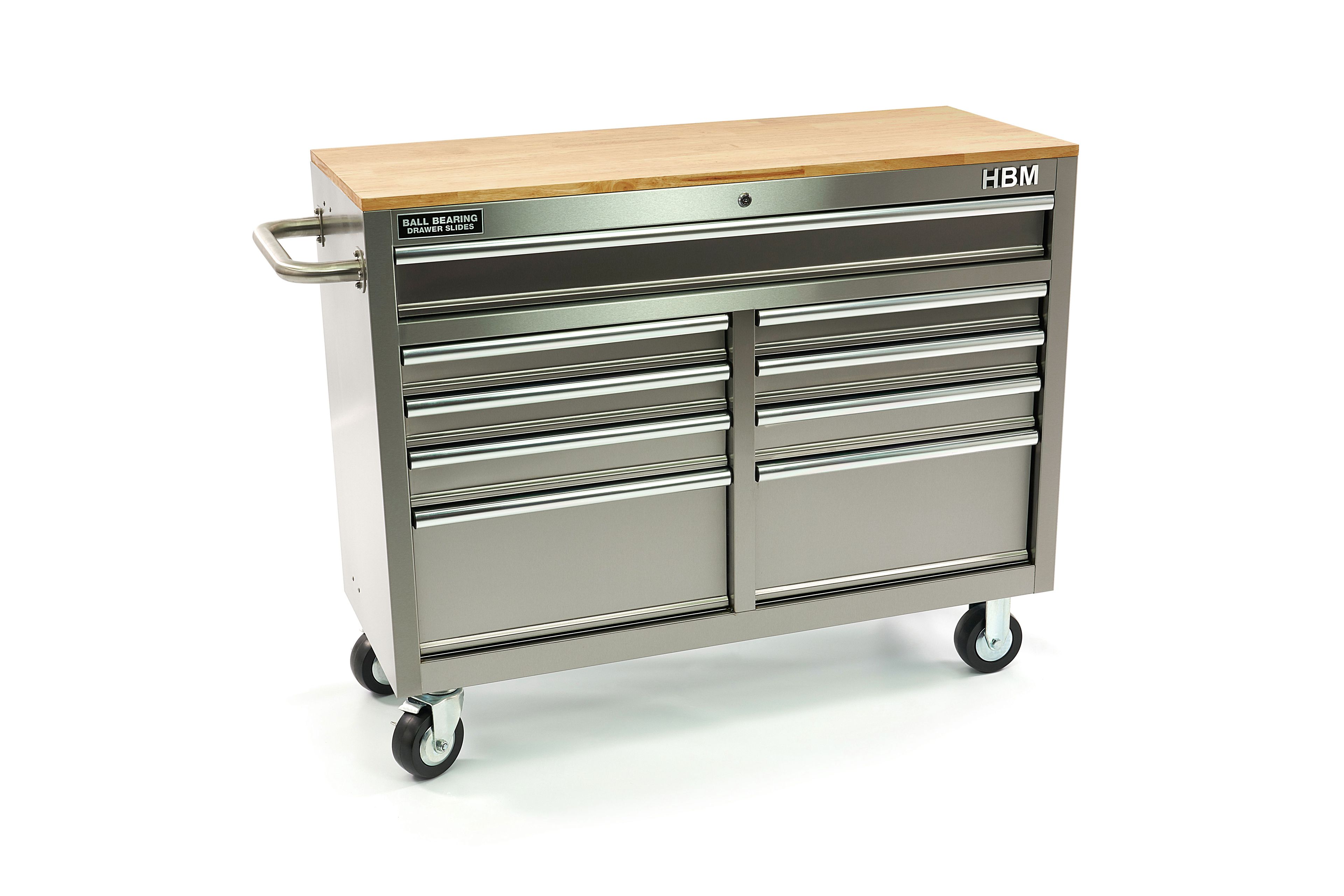 HBM fahrbarer Werkzeugwagen mit Holzarbeitsplatte, 117 cm, Edelstahl Image 2