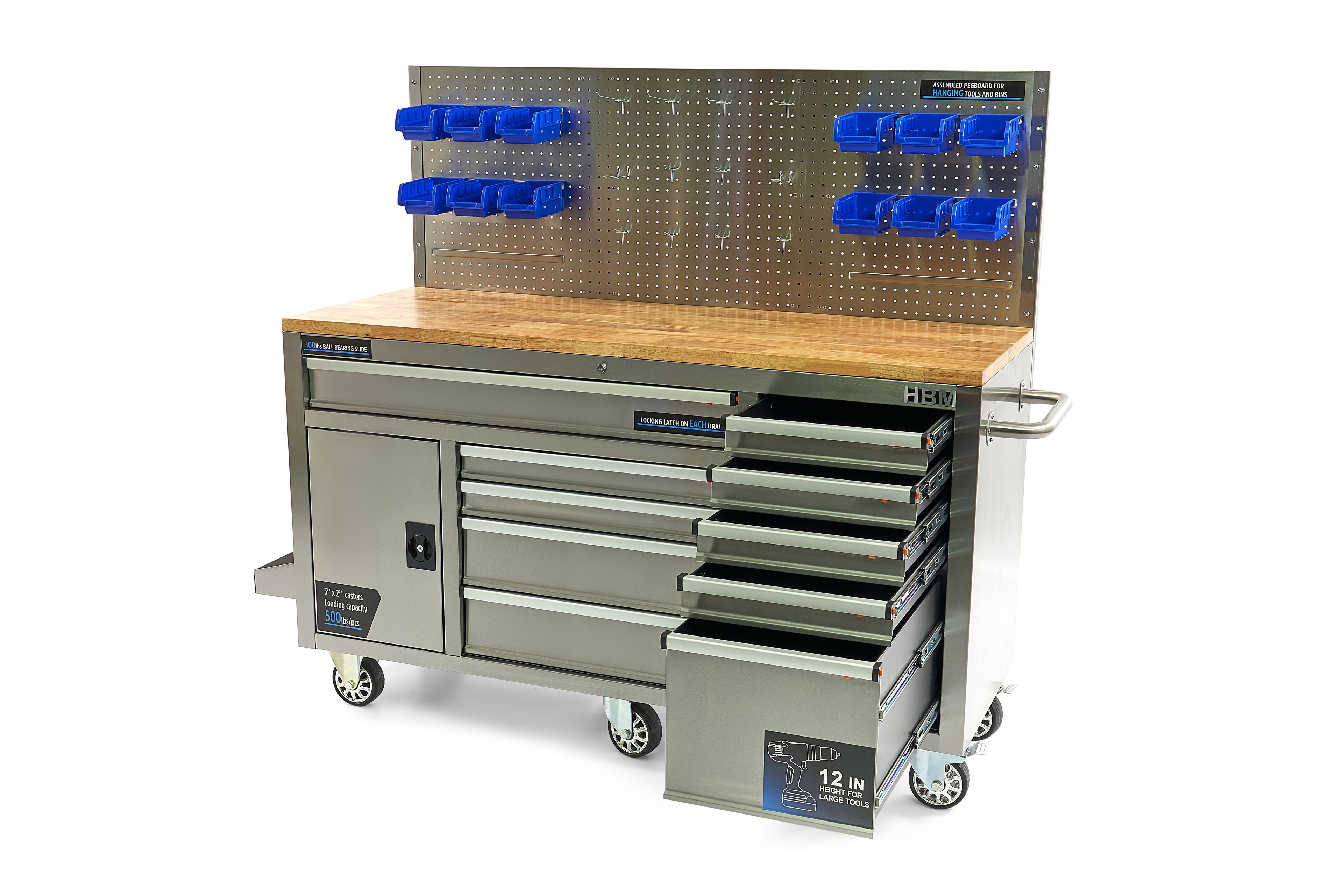 HBM werkbank 158 cm met 10 laden, deur en achterwand, RVS Image 2