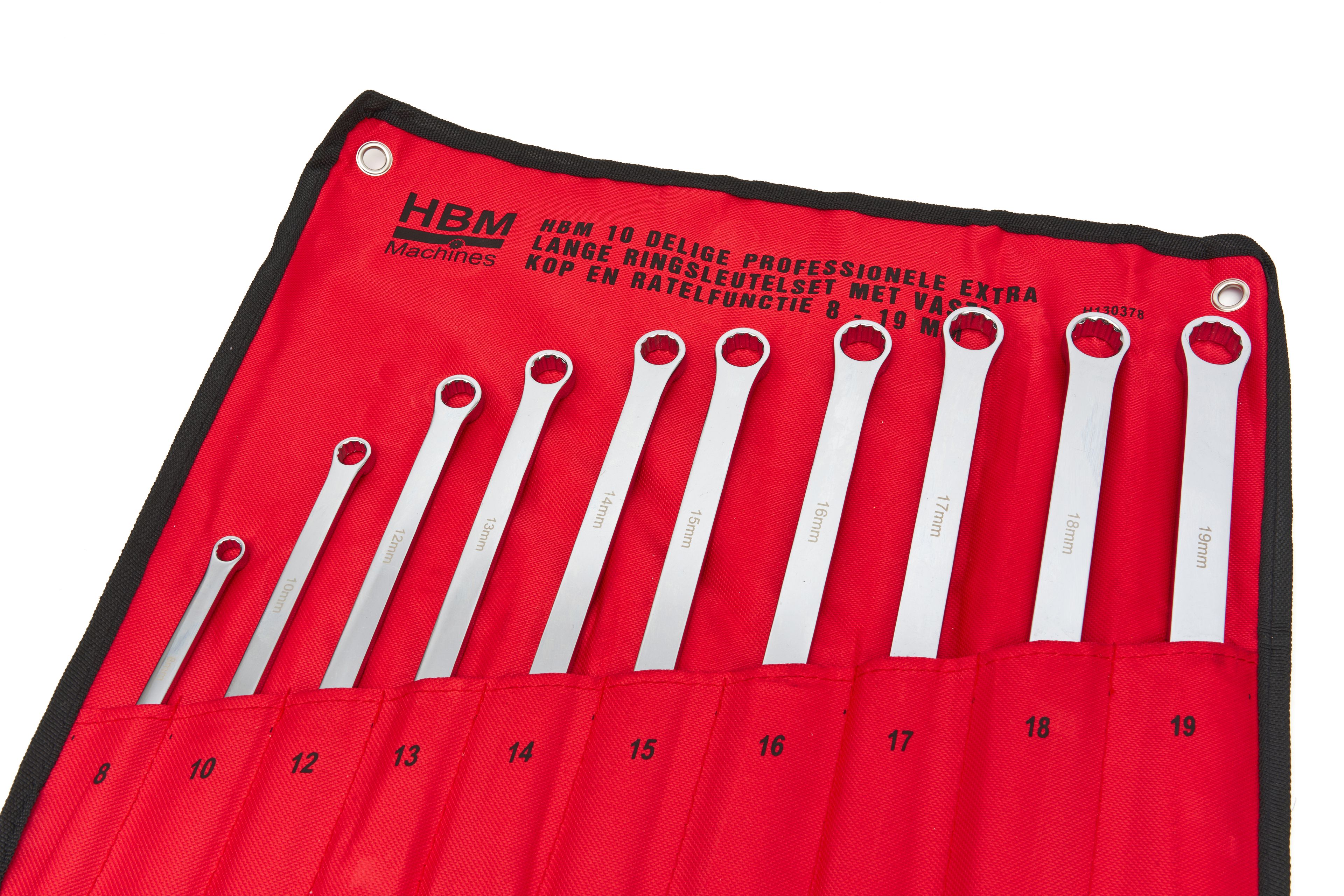HBM 10-teiliger professioneller extra langer Ringschlüsselsatz mit festem Kopf und Ratschenfunktion 8 - 19 mm Image 8