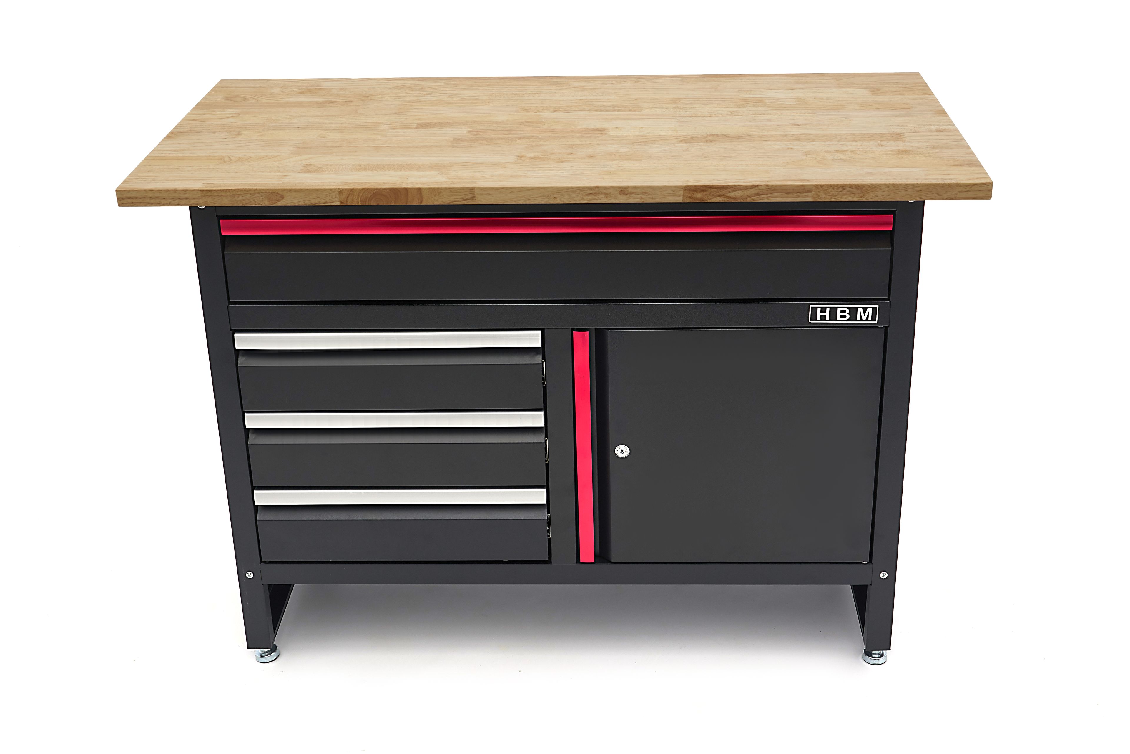 HBM Werkbank 120 cm mit 4 Schubladen, 1 Tür und Holzplatte - Schwarz Image 2