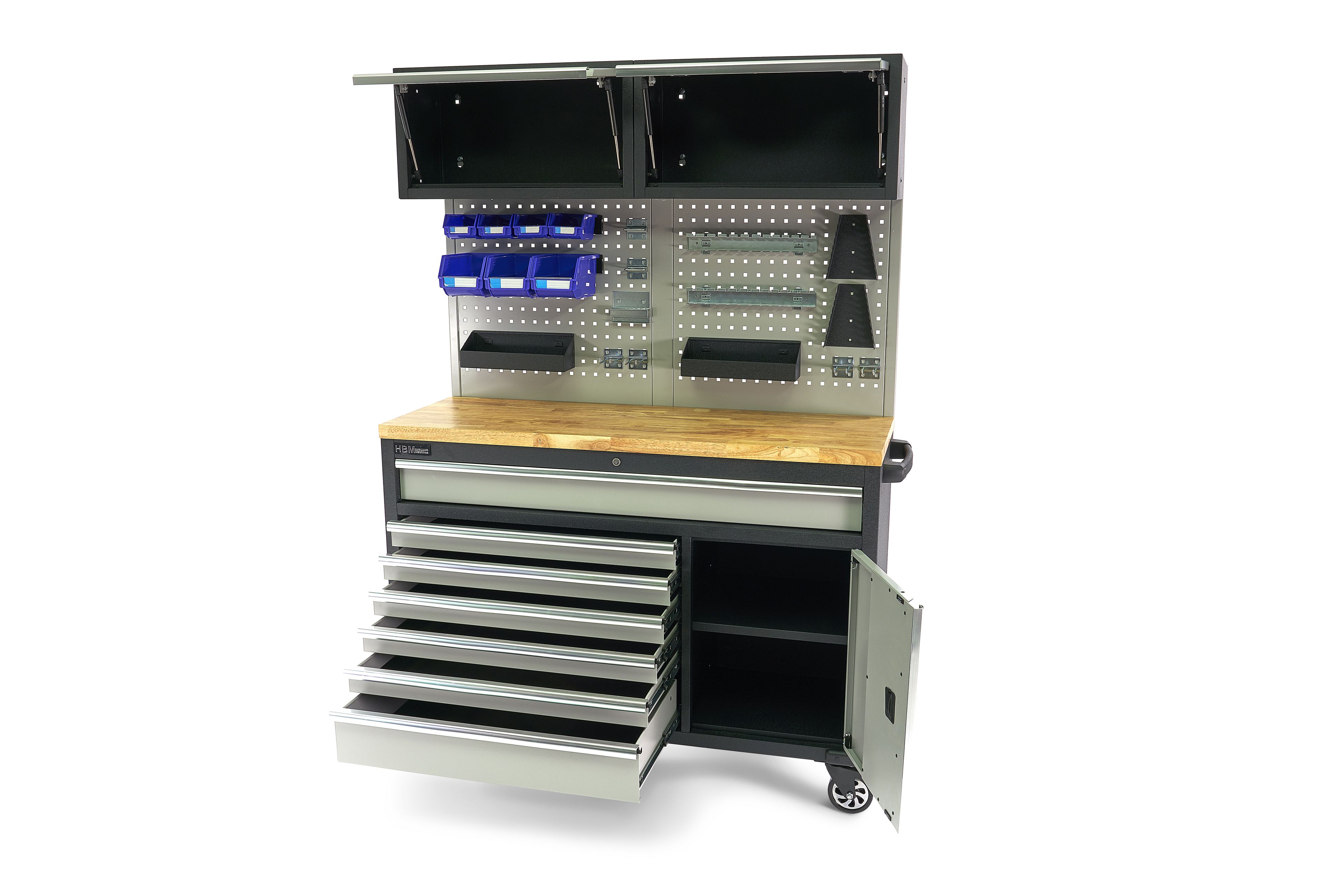 HBM werkbank 136 cm verrijdbaar met 7 laden, deur en kastenwand, inclusief accessoires, grijs Image 3