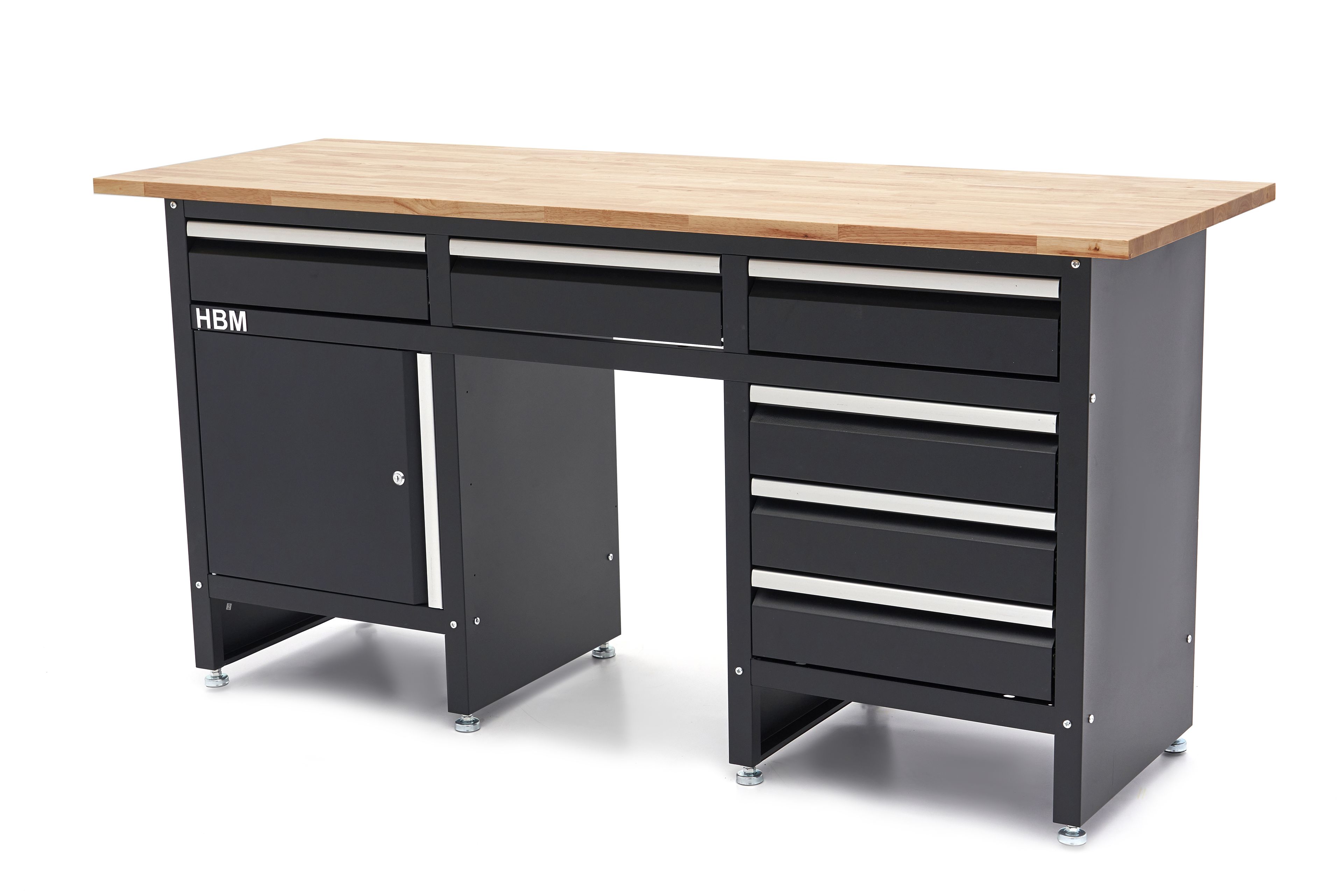 HBM banco da lavoro 171 cm con 6 cassetti e anta, piano di lavoro in legno massello, nero