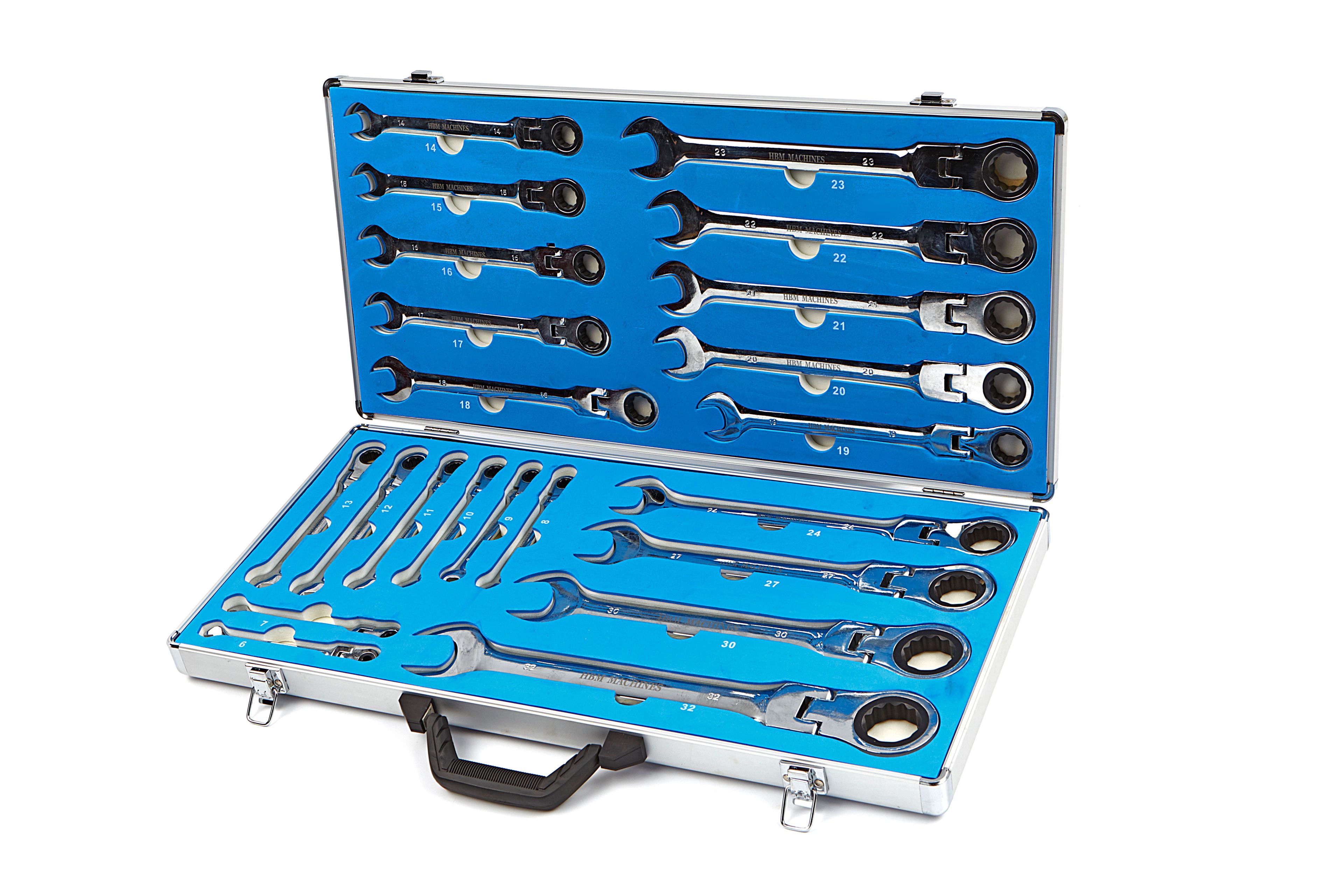 HBM Set professionale da 22 pezzi: chiavi a cricchetto, chiavi fisse con testa ribaltabile