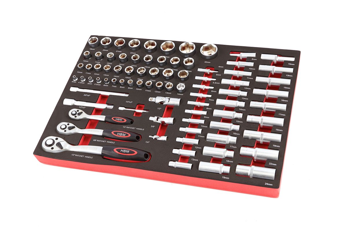 Conjunto de enchufes HBM de 80 piezas de ¼ pulgada, 3/8 pulgada y 1/2 pulgada con inserción de espuma