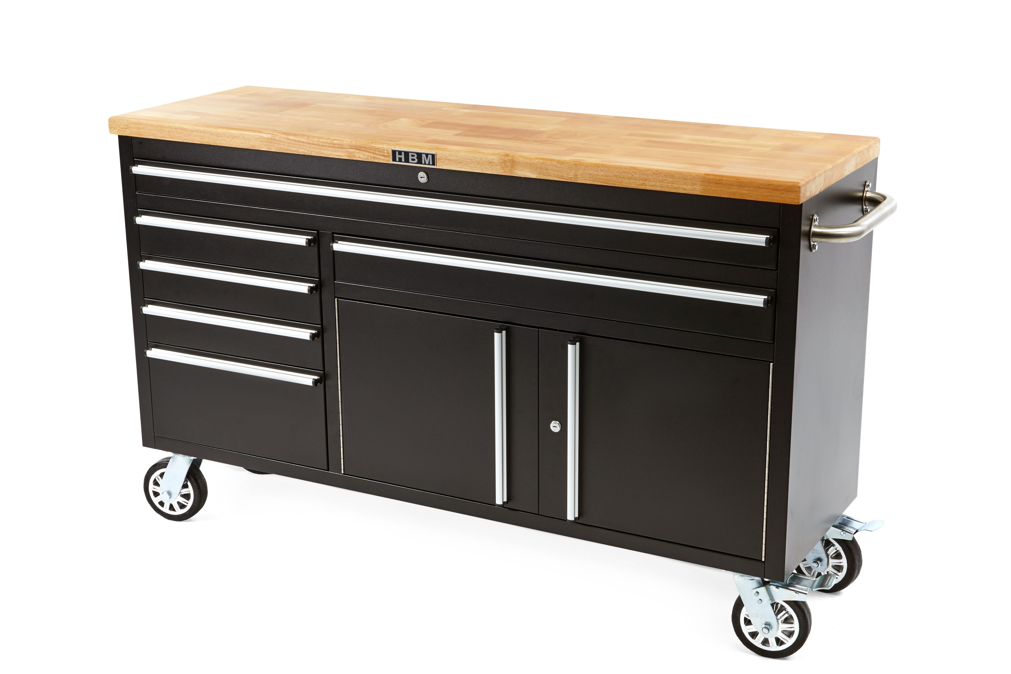 HBM Carrello portautensili professionale da 152 cm / banco da lavoro con piano in legno - NERO