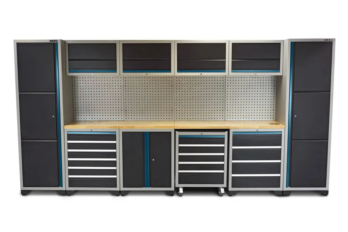 Sistema modular de taller HBM profesional deluxe, 16 piezas, negro y azul