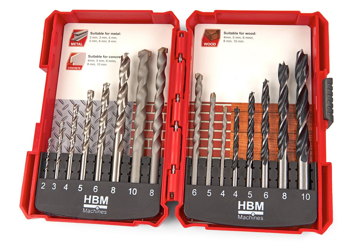 Conjunto de Brocas para Piedra, Brocas de Espiral de Madera y Brocas de Metal de 16 Piezas HBM