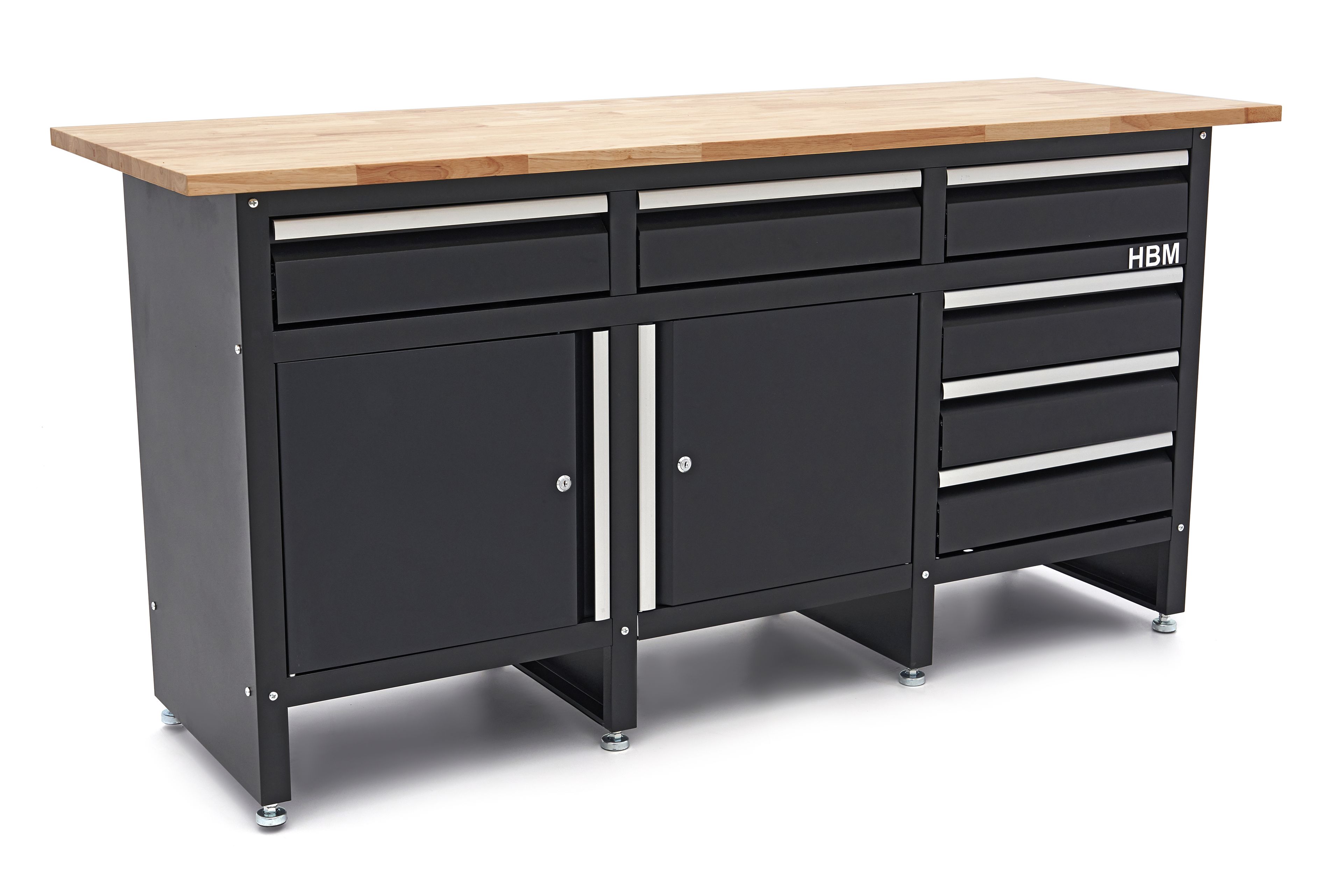 HBM Werkbank 171 cm mit 6 Schubladen und 2 Türen, massive Holzarbeitsplatte, schwarz Image 3