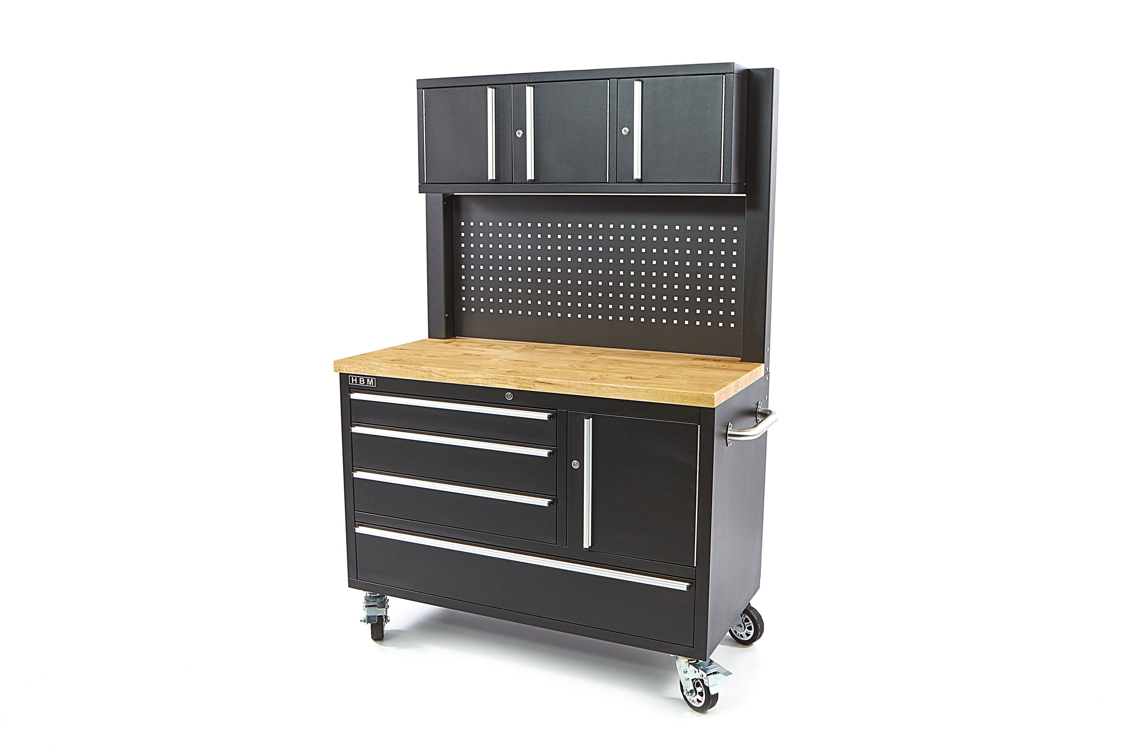 HBM werkbank 122 cm met 4 laden, kastenwand en achterwand, houten werkblad, zwart