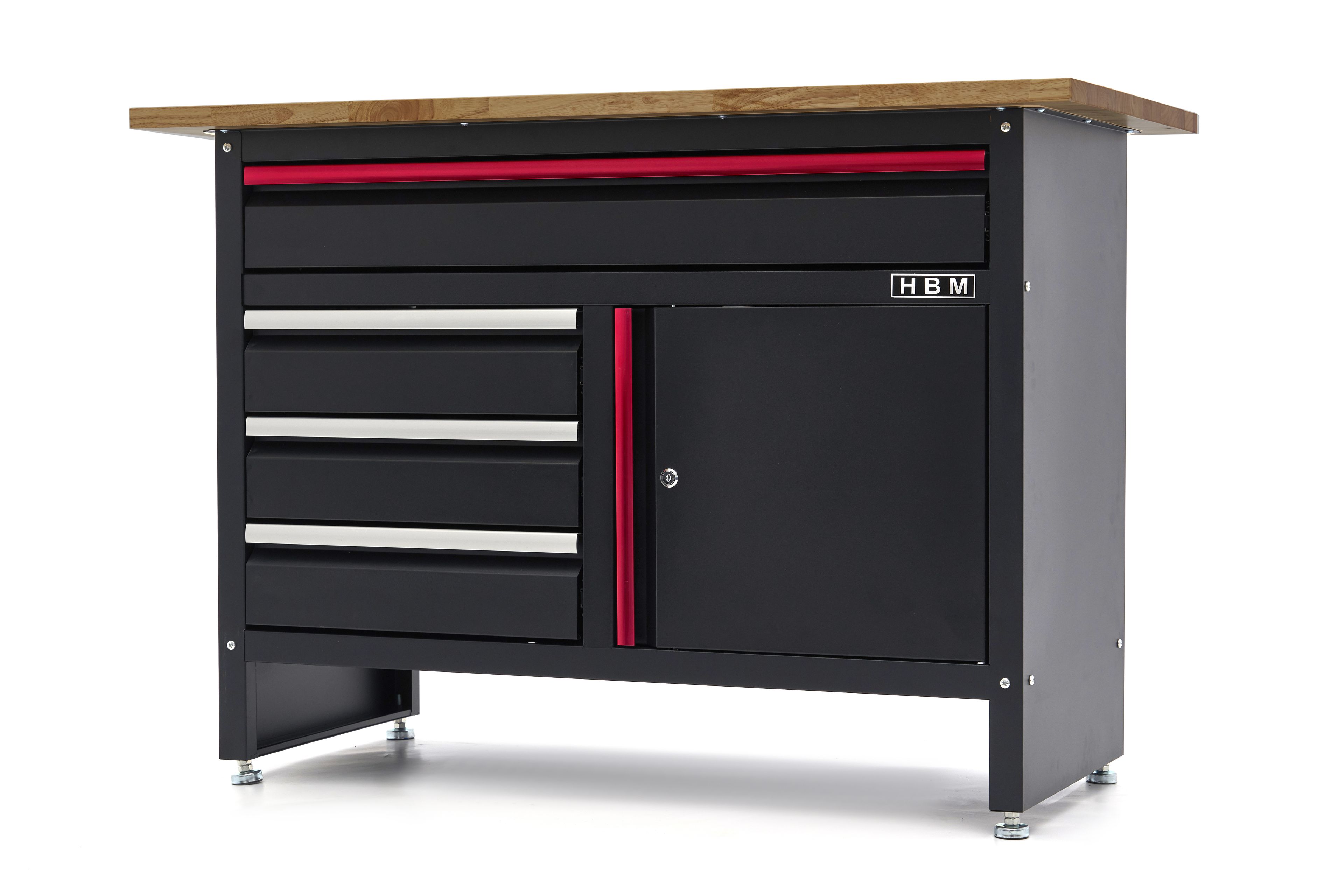 HBM Werkbank 120 cm mit 4 Schubladen, 1 Tür und Holzplatte - Schwarz Image 4