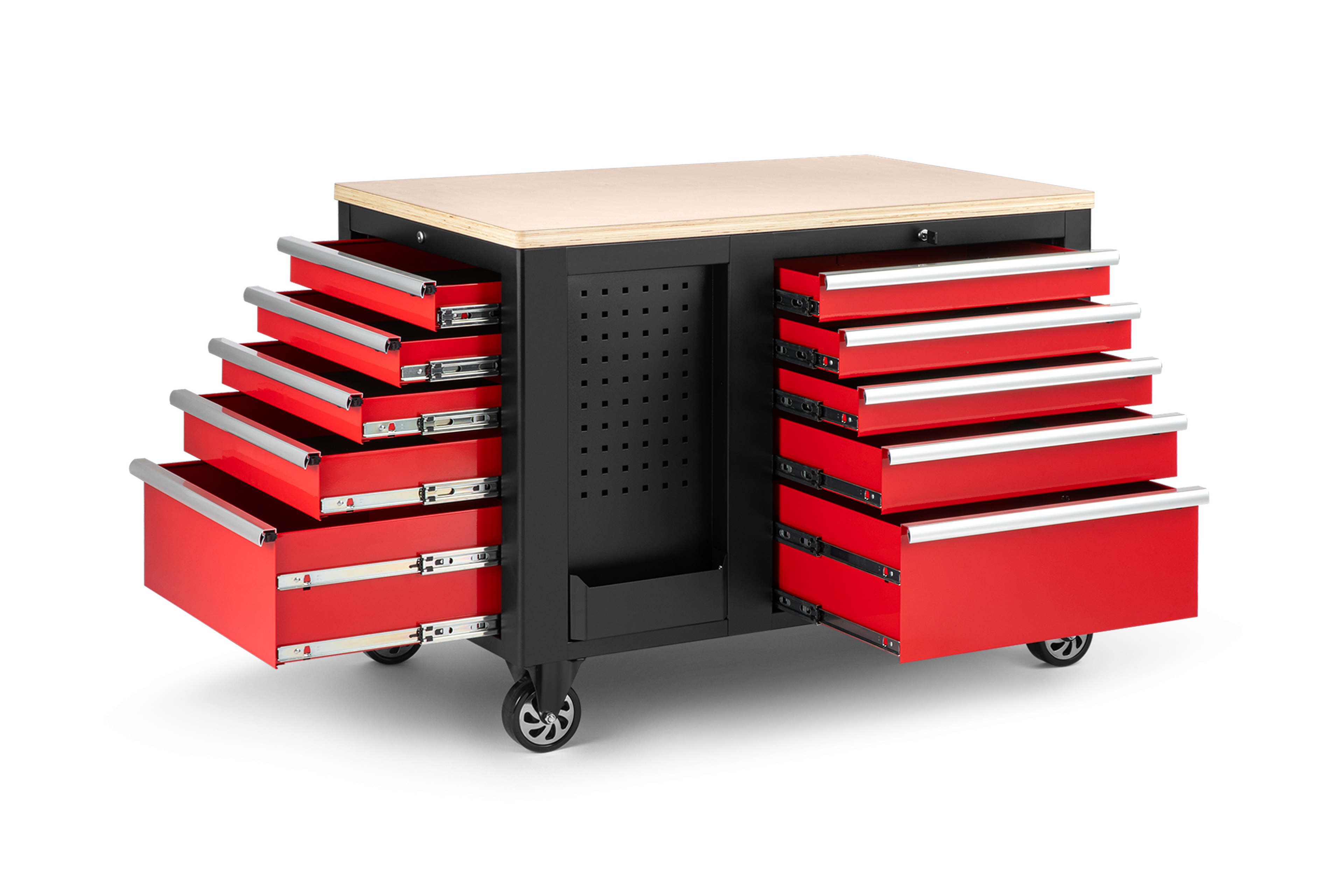 HBM fahrbare Werkbank mit Holzplatte und 10 Schubladen, rot-schwarz Image 6
