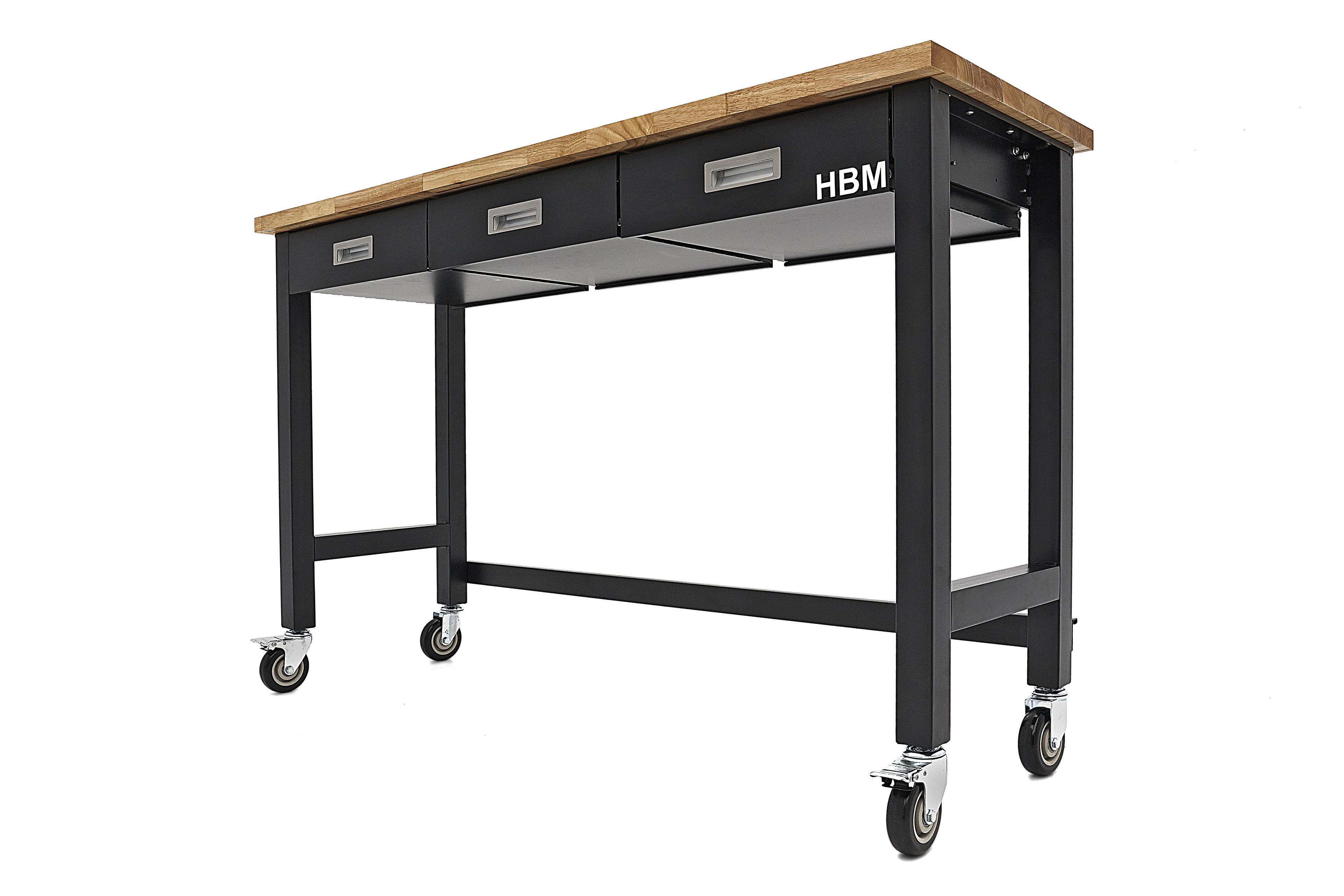 HBM werkbank 152 cm verrijdbaar met 3 laden, massief houten werkblad, zwart Image 4