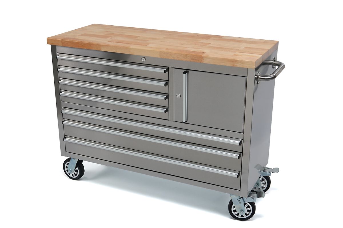 HBM carro de herramientas con encimera de madera, 122 cm, acero inoxidable