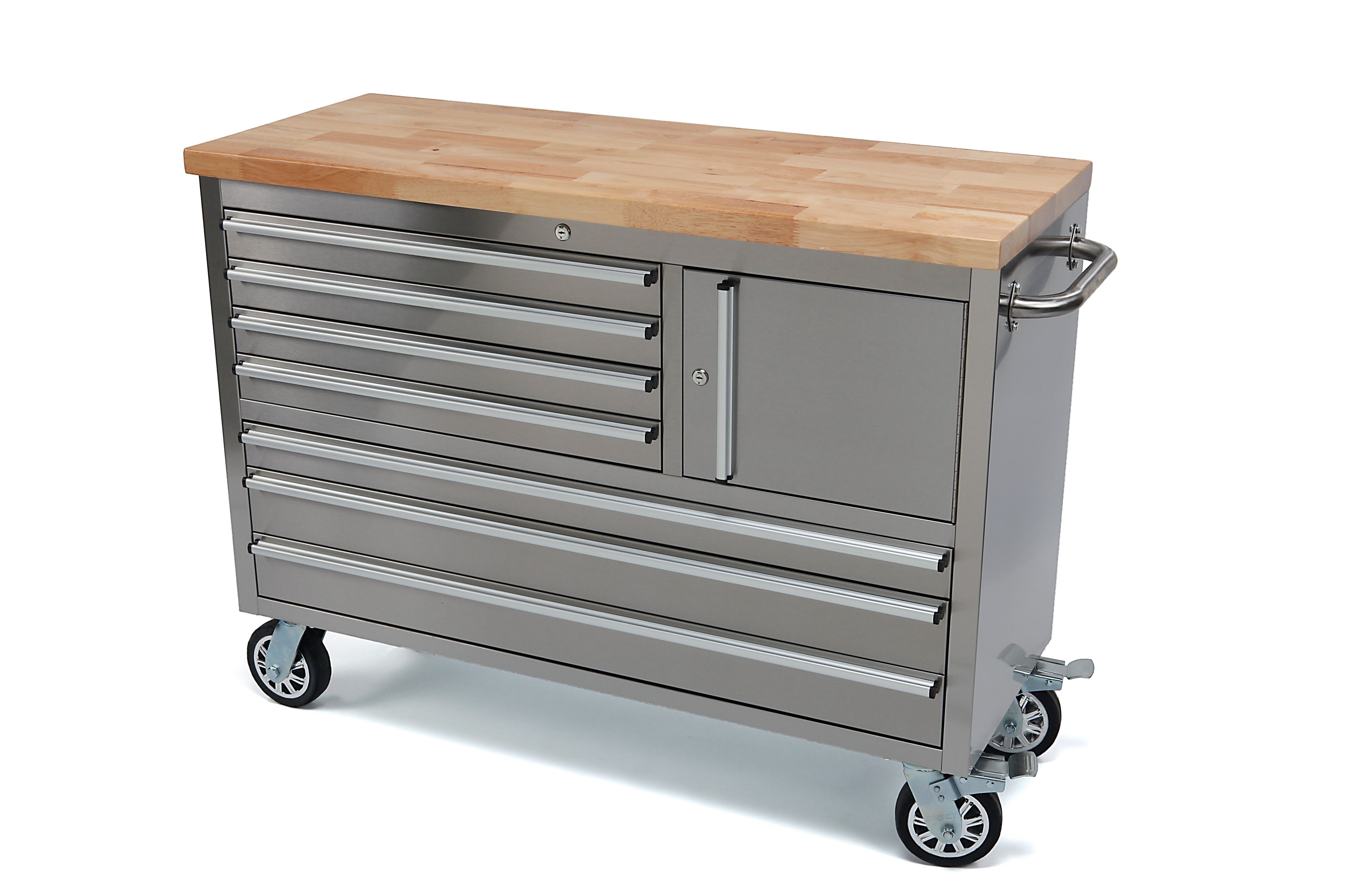 HBM carro de herramientas con encimera de madera, 122 cm, acero inoxidable