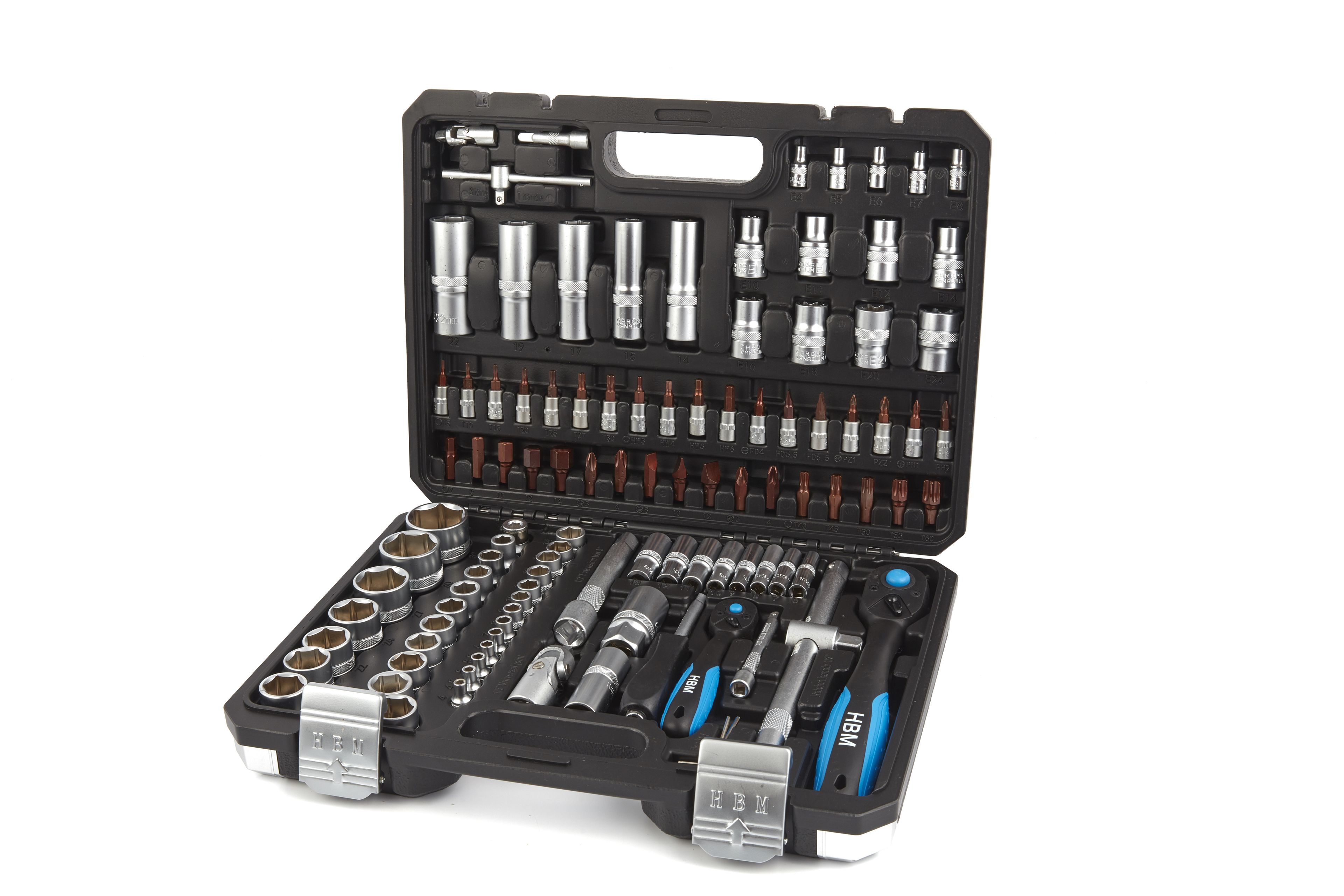 HBM Juego de llaves de vaso profesional de 108 piezas con trinquetes de primera calidad