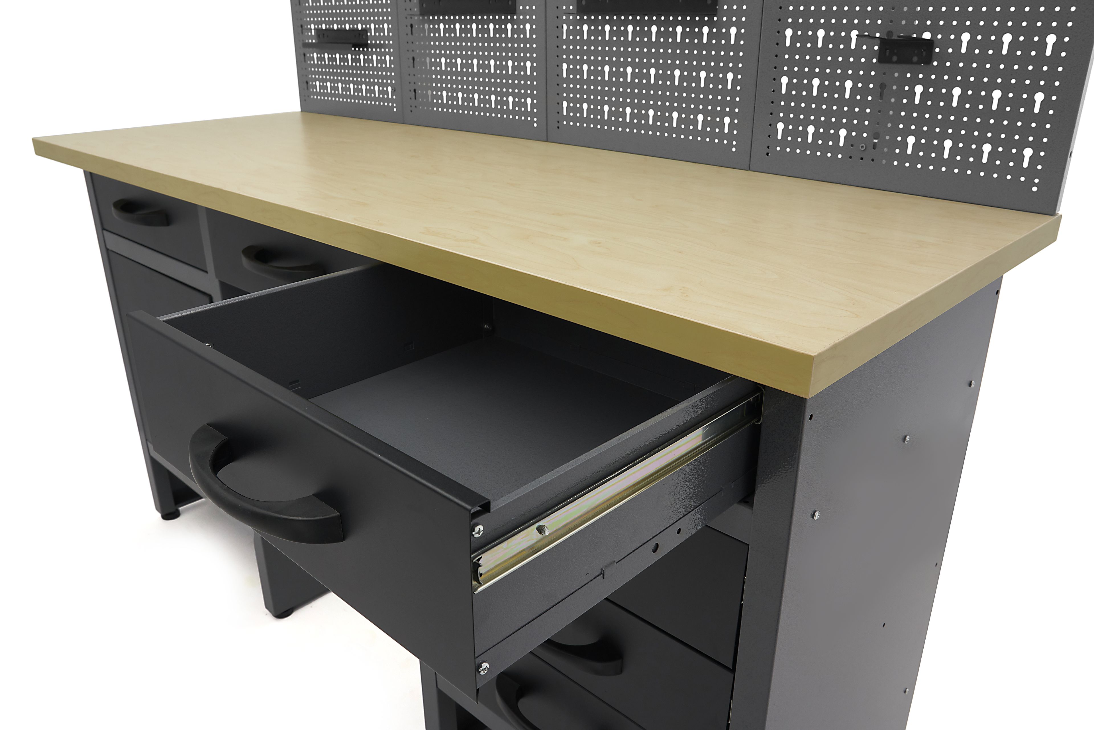 HBM werkbank 160 cm met 6 laden, kastenwand en achterwand, zwart, grijs Image 13