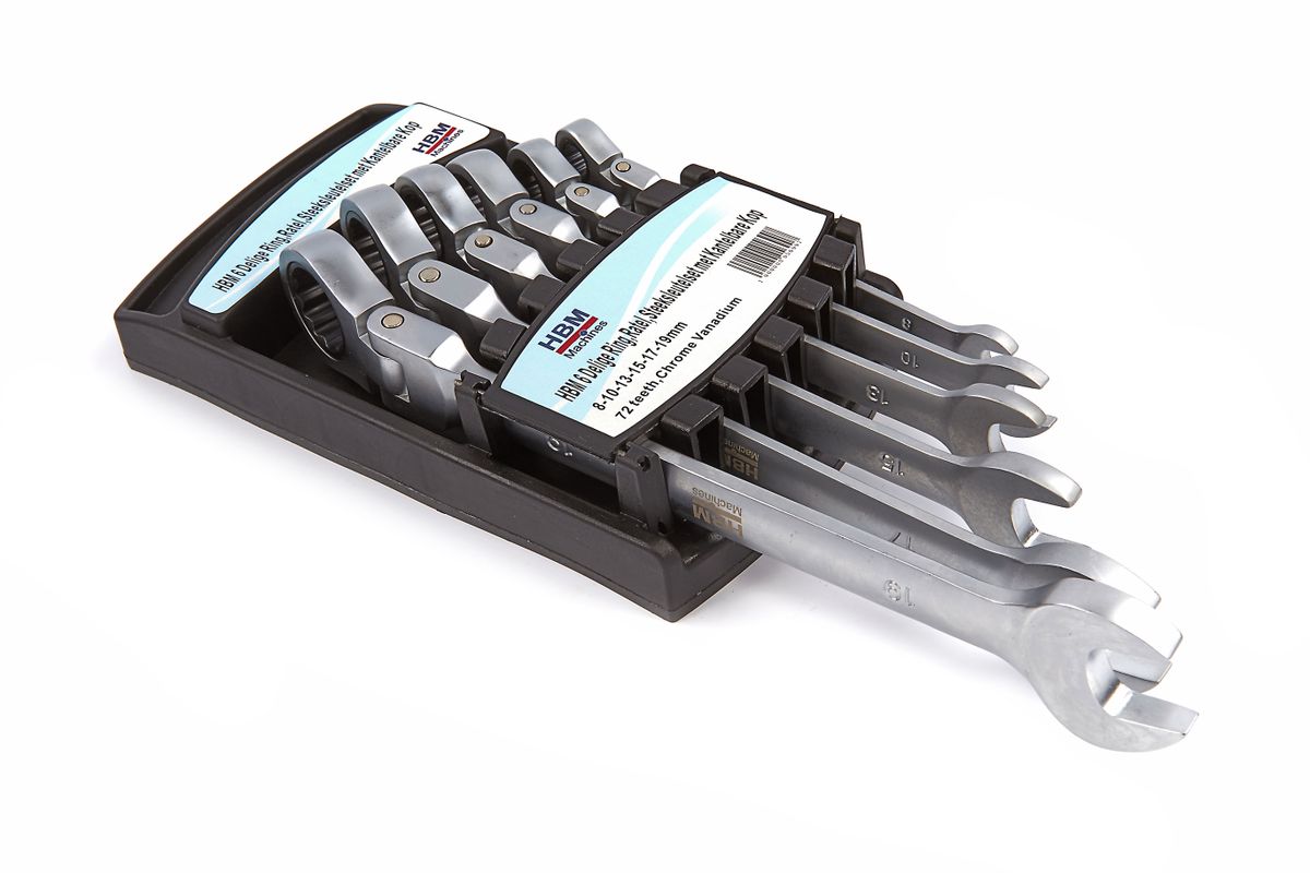 HBM 6er Set Ringschlüssel, Ratsche, Steckschlüssel mit schwenkbarem Kopf