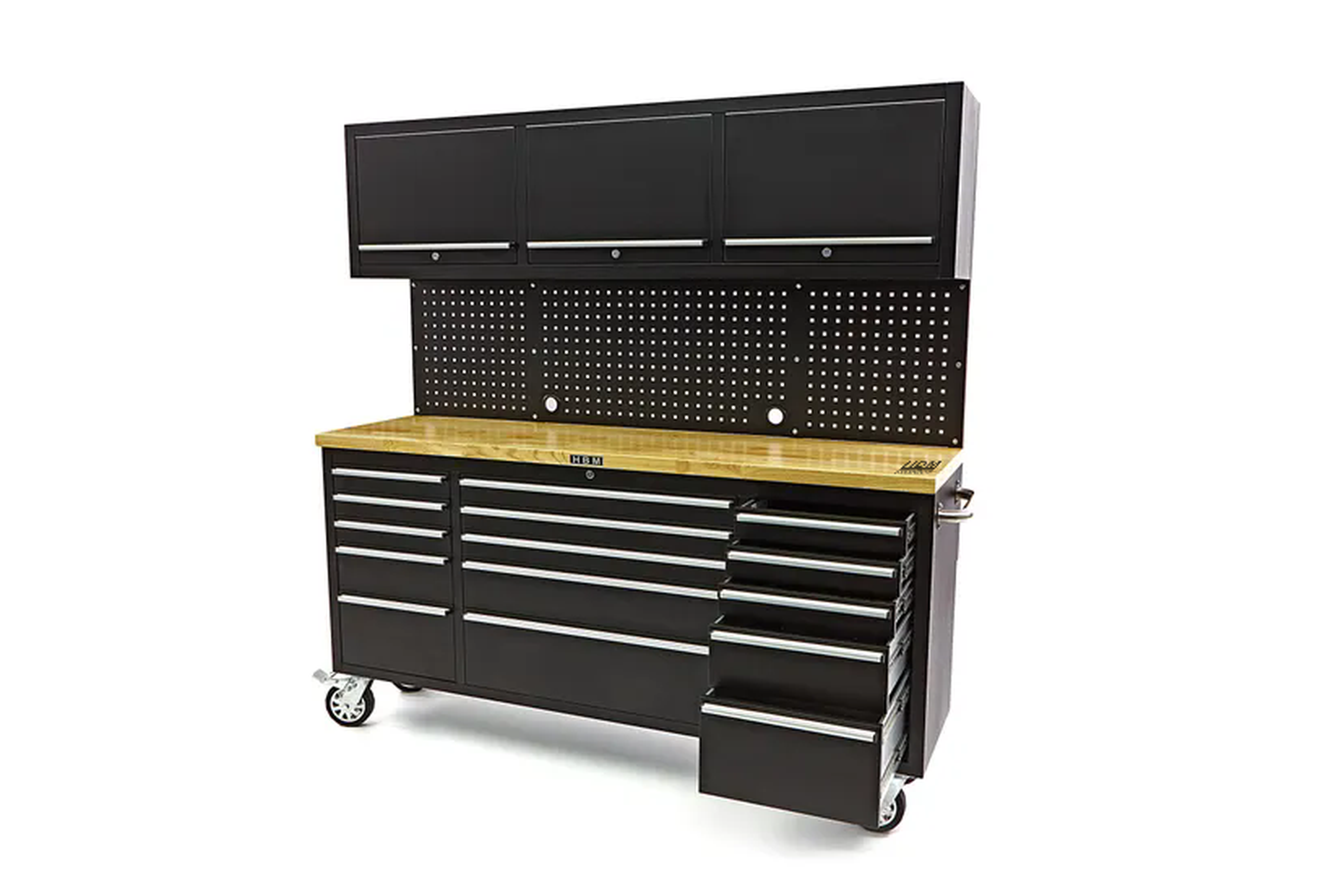 HBM banco da lavoro 182 cm con 15 cassetti, parete con armadio e pannello posteriore, piano di lavoro in legno, nero Image 3