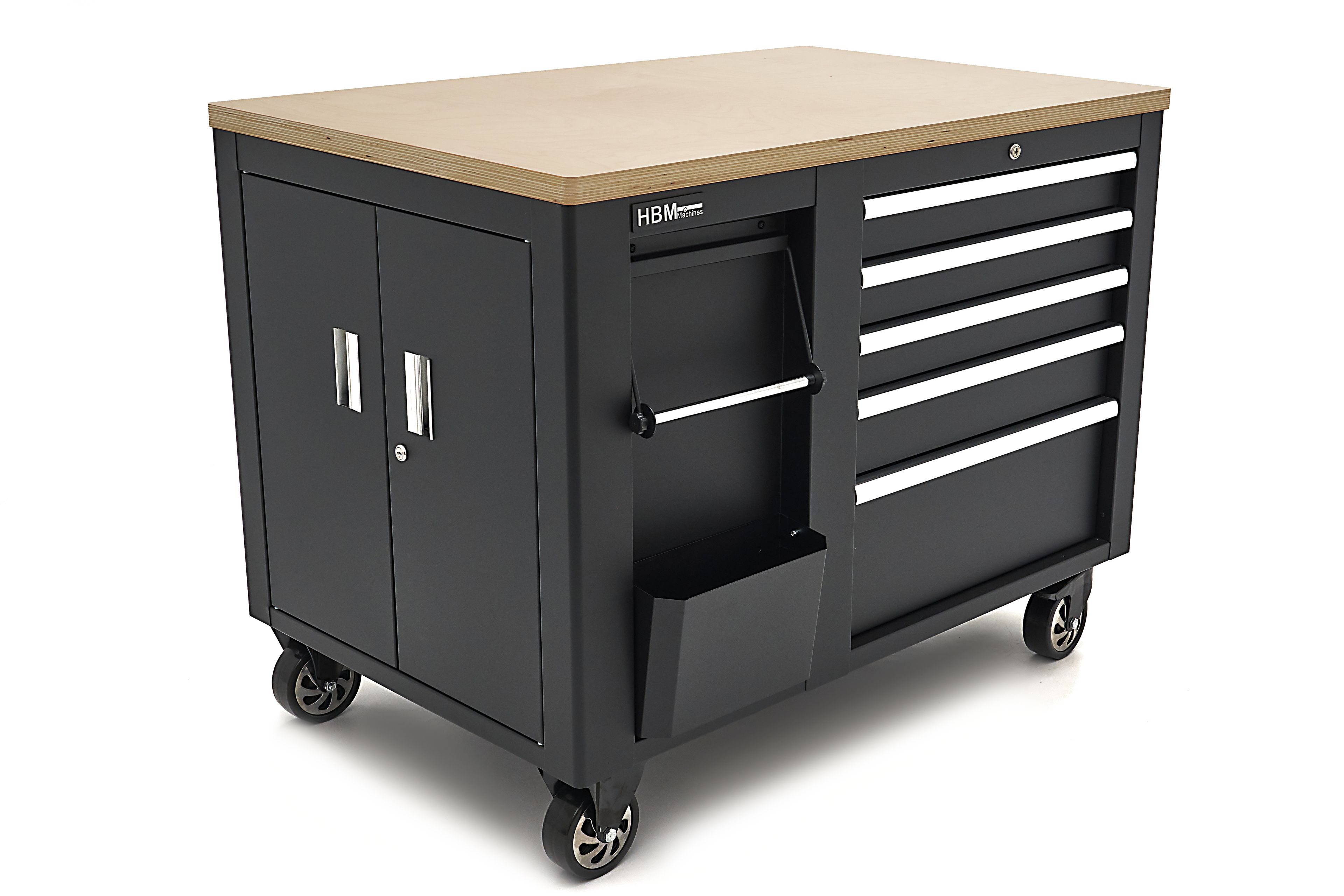 HBM verrijdbare gereedschapswagen, werkbank 114 cm met houten werkblad, zwart Image 4