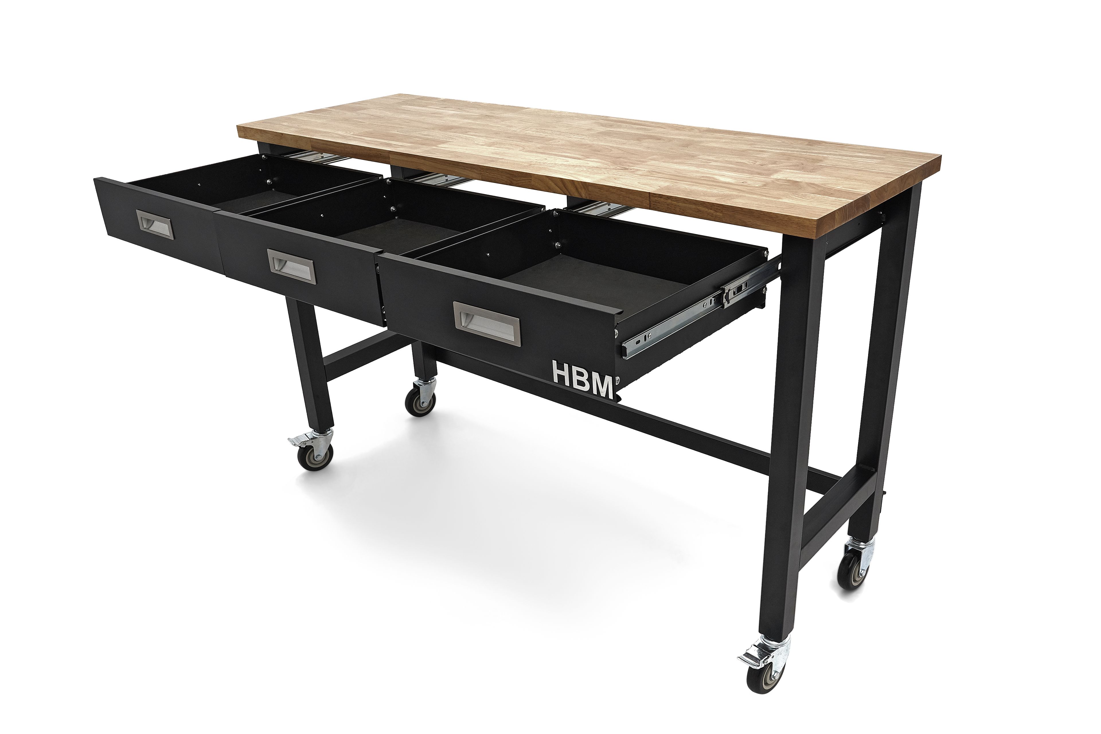 HBM werkbank 152 cm verrijdbaar met 3 laden, massief houten werkblad, zwart Image 7