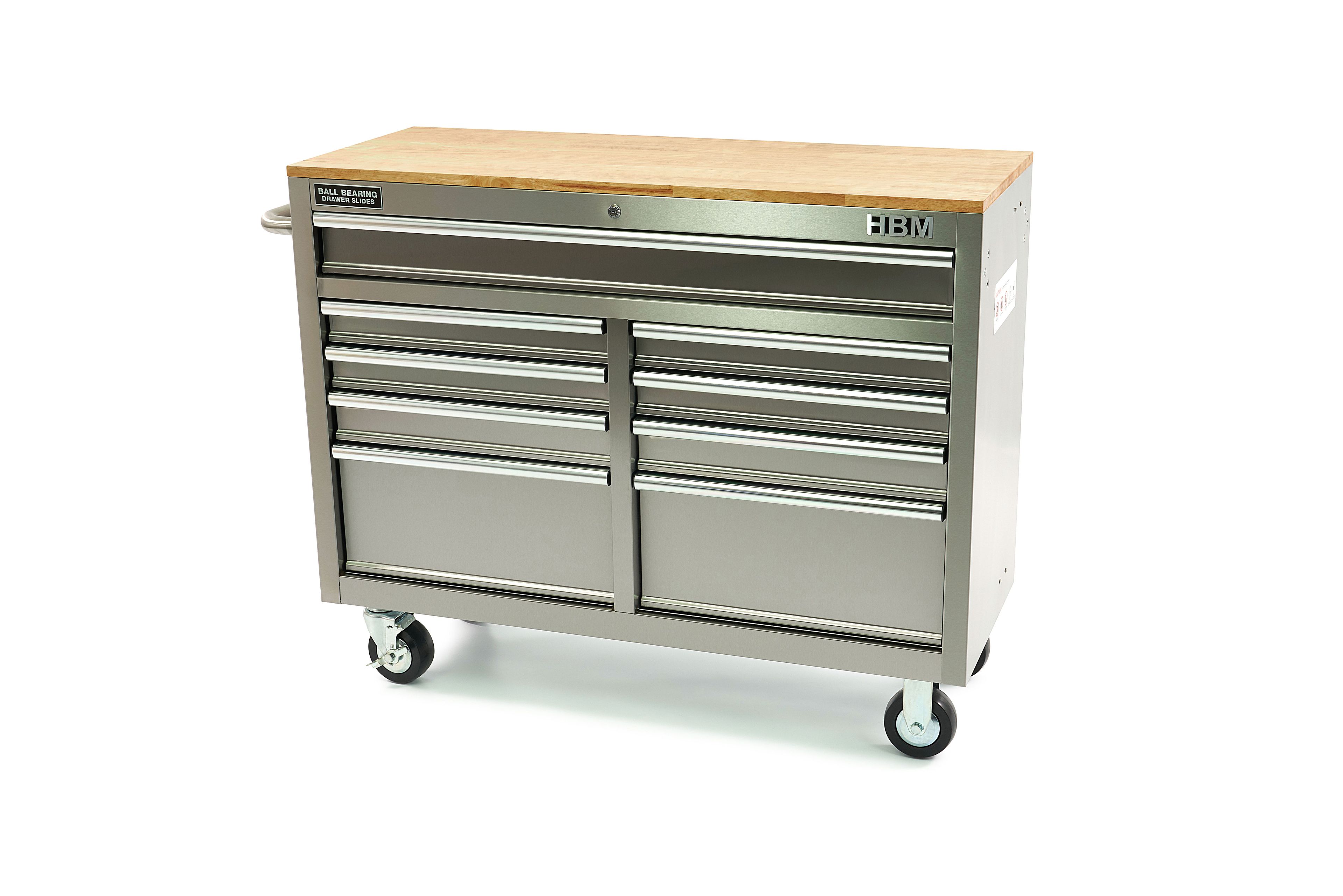 HBM carrello porta attrezzi mobile con piano di lavoro in legno, 117 cm, acciaio inox