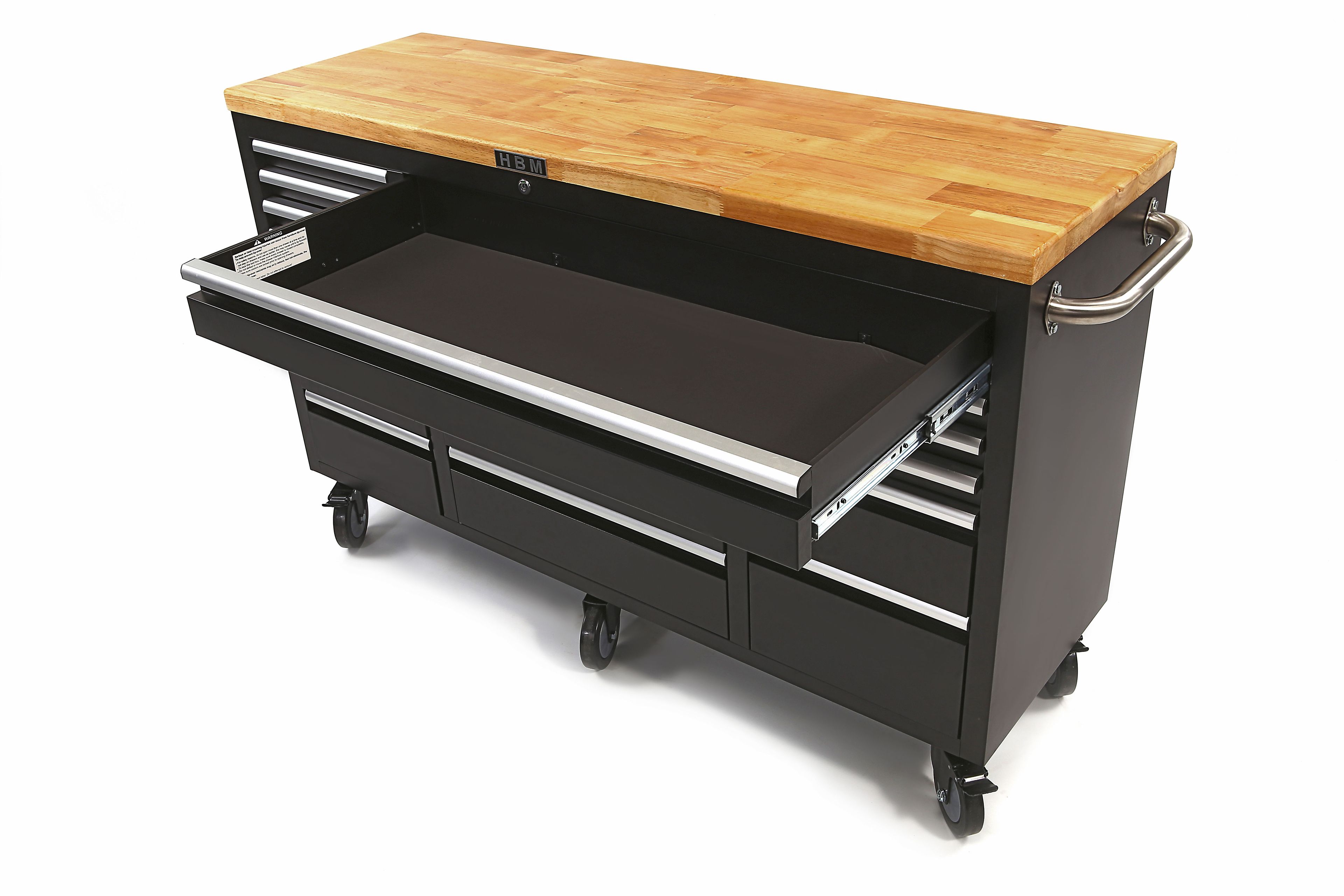 HBM mobiler Werkzeugwagen mit Holzarbeitsplatte, 146 cm, schwarz Image 3