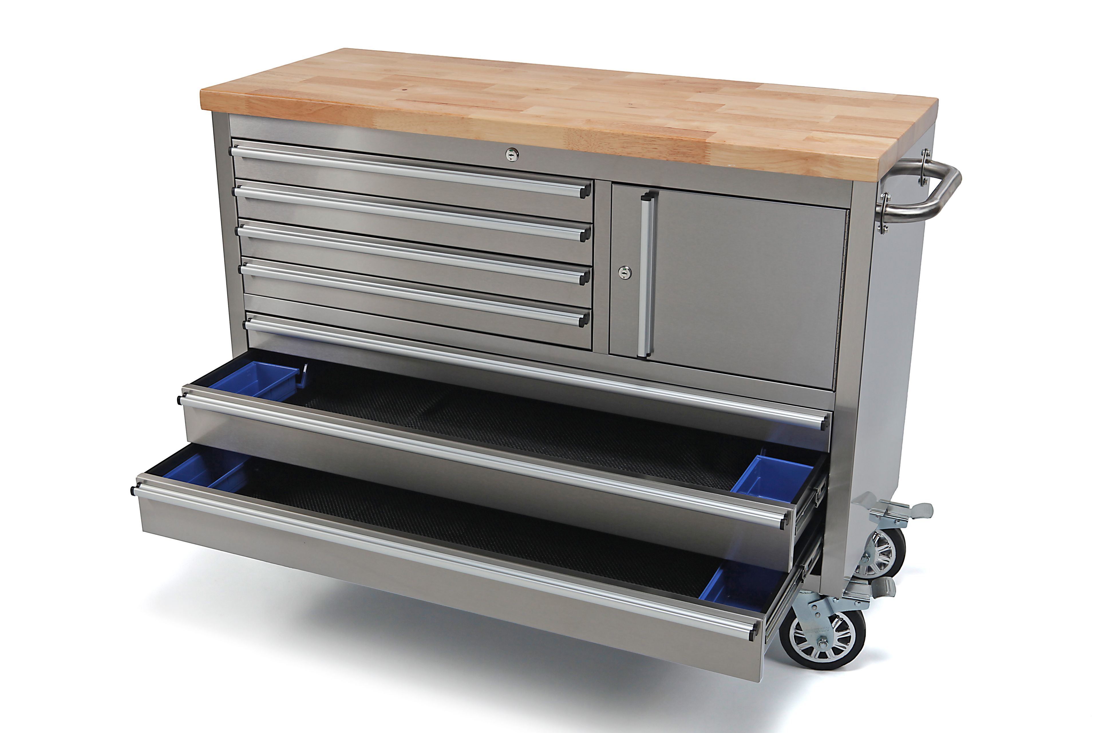 HBM carro de herramientas con encimera de madera, 122 cm, acero inoxidable Image 2