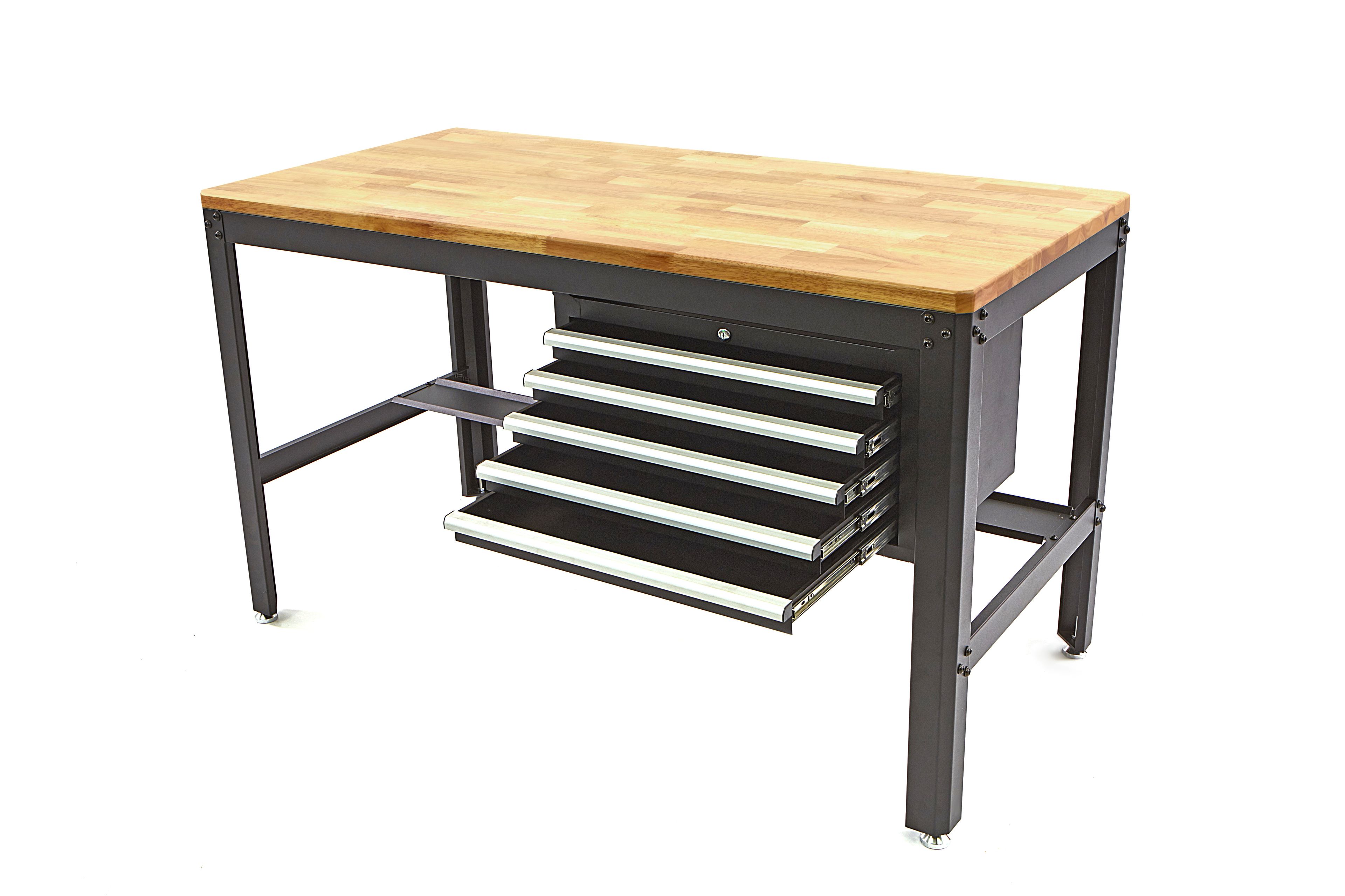 HBM werkbank 155 cm met 5 laden, houten werkblad, zwart Image 2