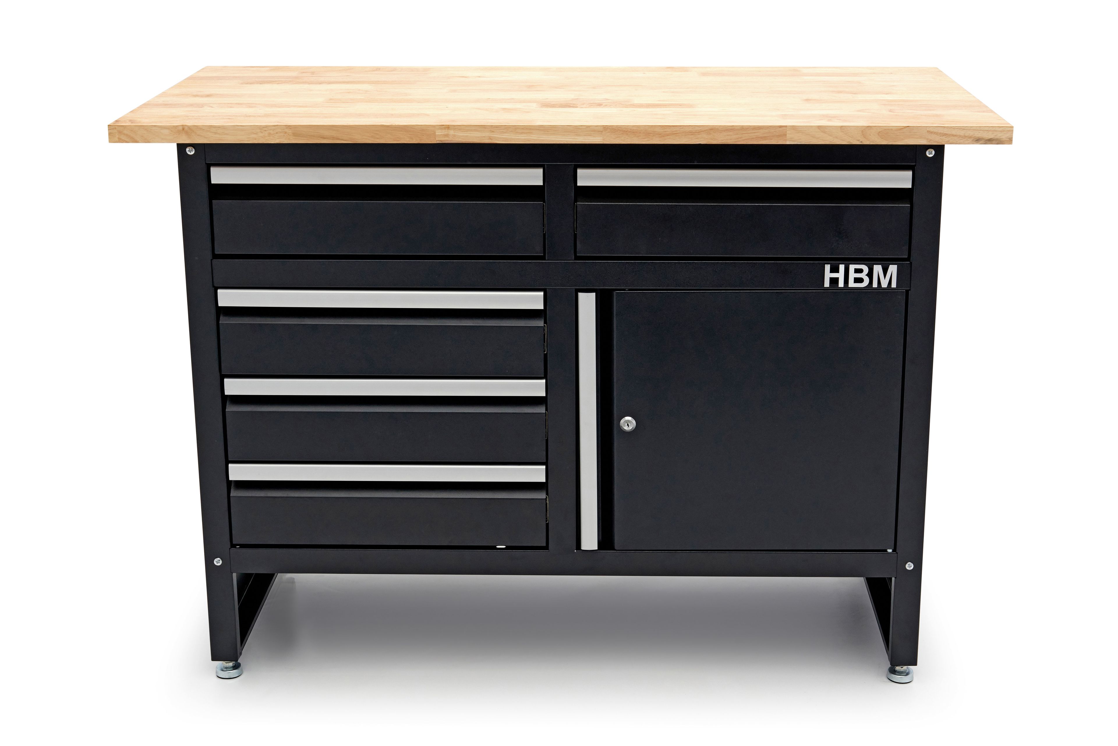 HBM banco da lavoro 120 cm con 5 cassetti e anta, piano di lavoro in legno massello, nero Image 2
