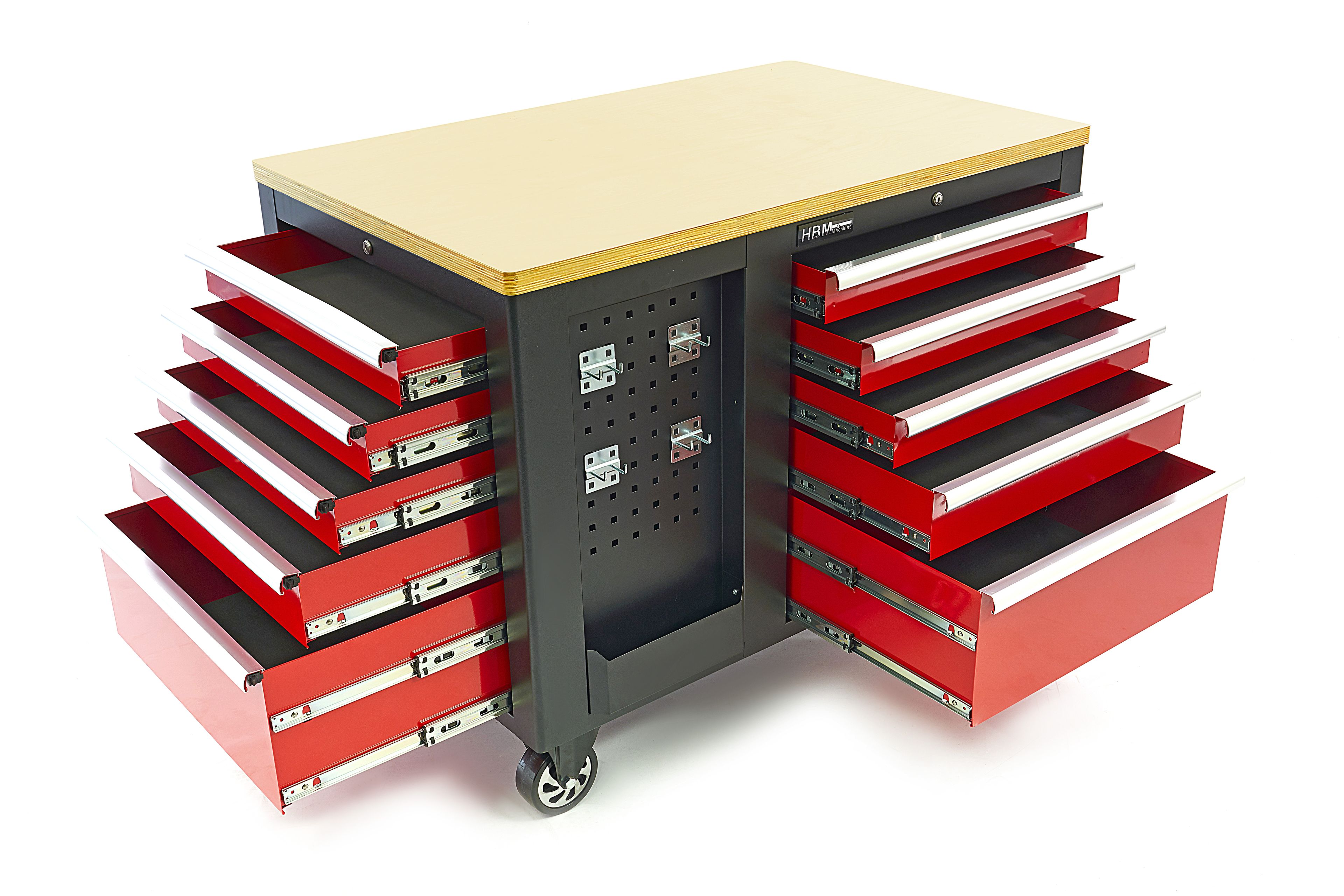 HBM verrijdbare gereedschapswagen, werkbank met houten werkblad 10 laden, rood zwart Image 3