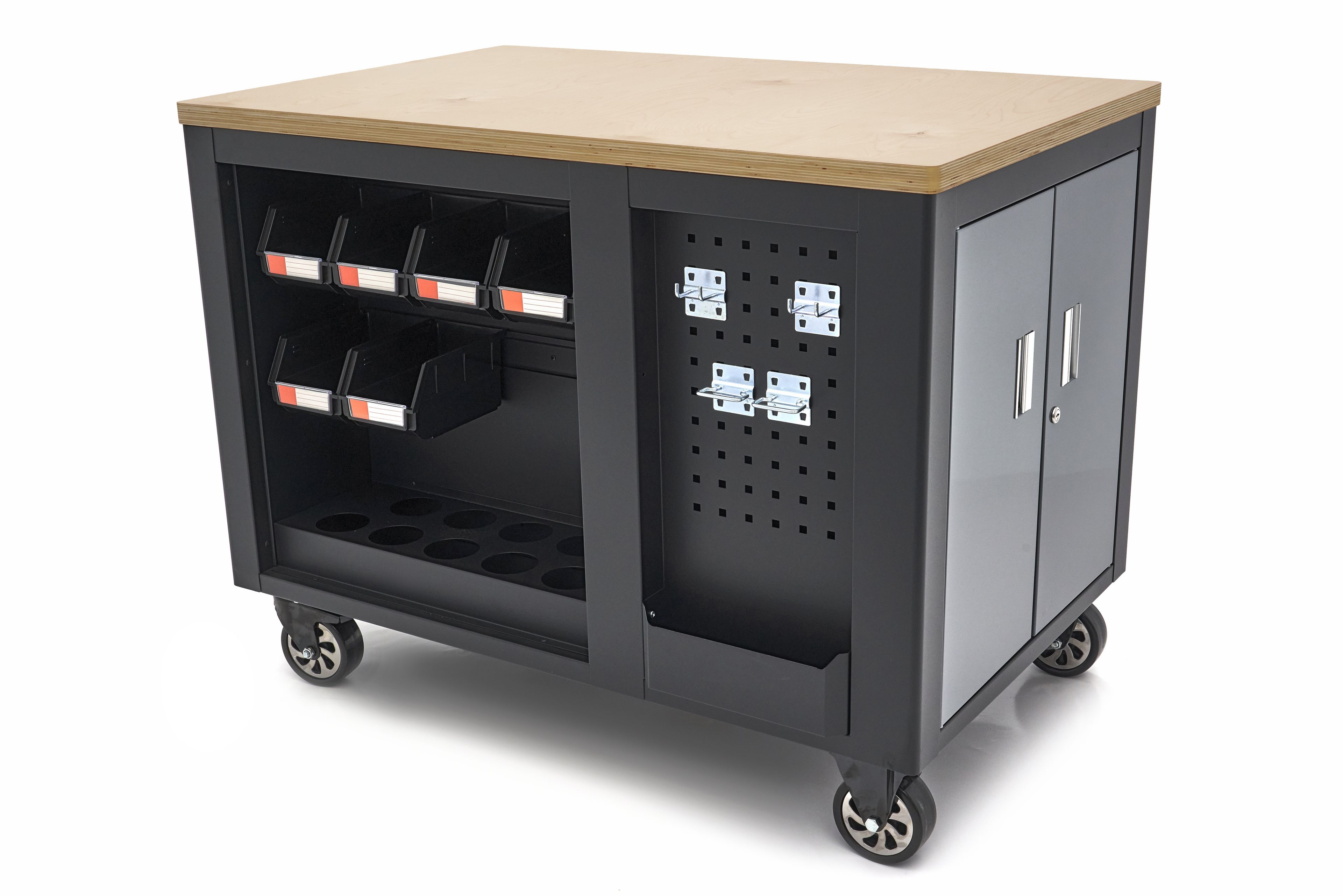 HBM verrijdbare gereedschapswagen, werkbank 114 cm met houten werkblad, zwart/grijs Image 3