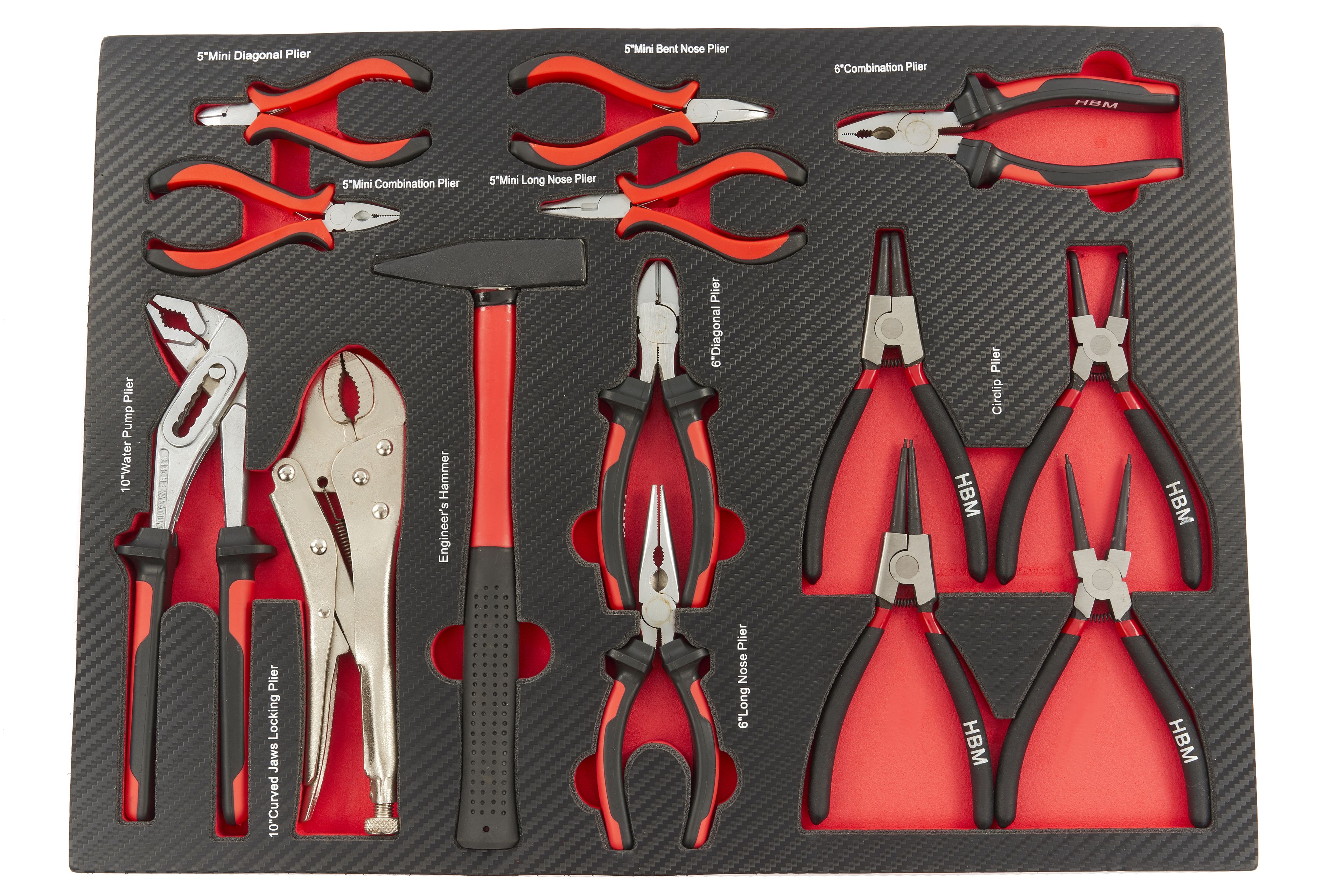 HBM 14 Delige Tangenset met Hamer in Carbon Foam inlay voor Gereedschapswagen